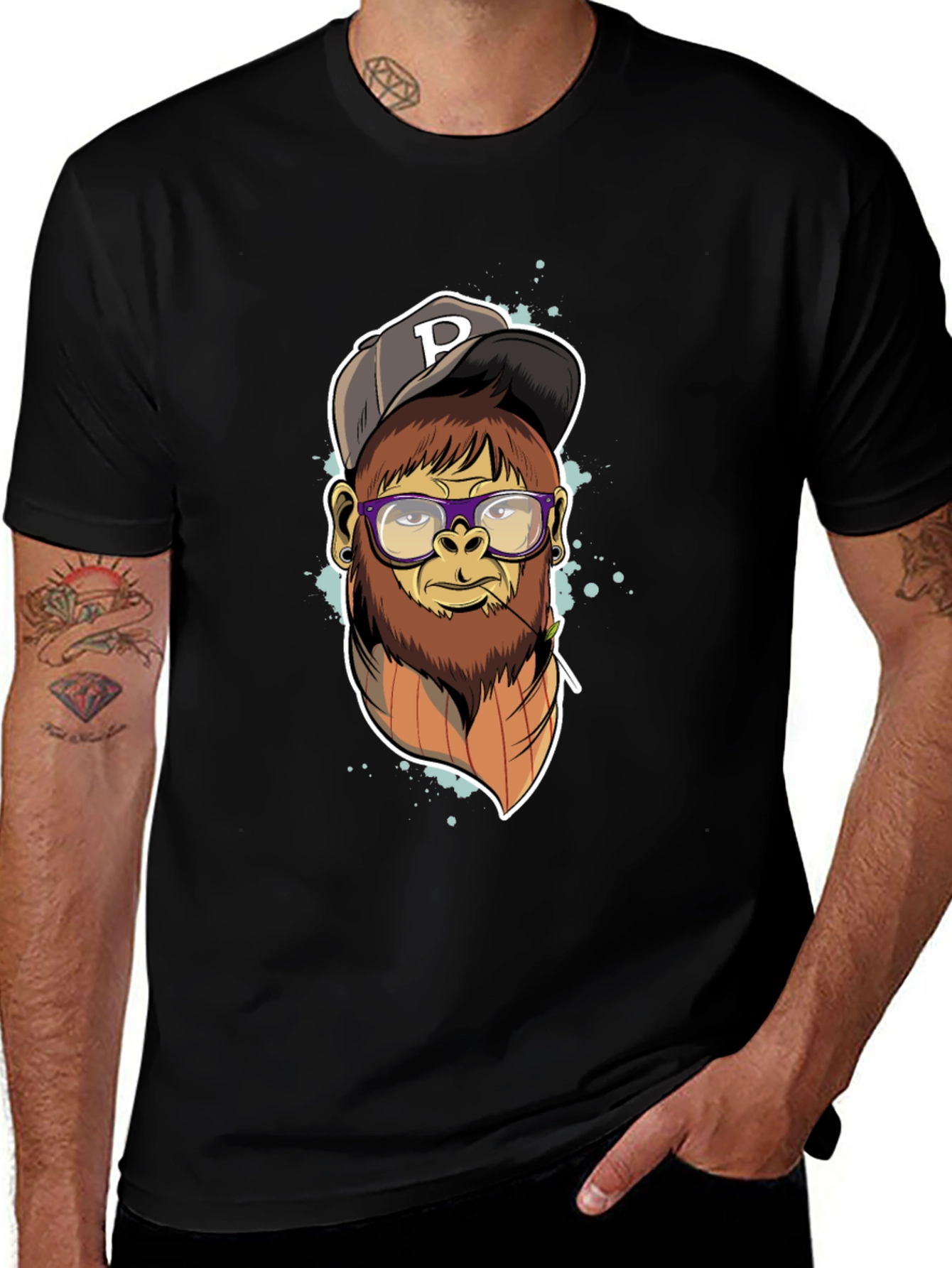 Variant 26 of Hipster Ape Graphic Tee - Cool Black T-Shirt