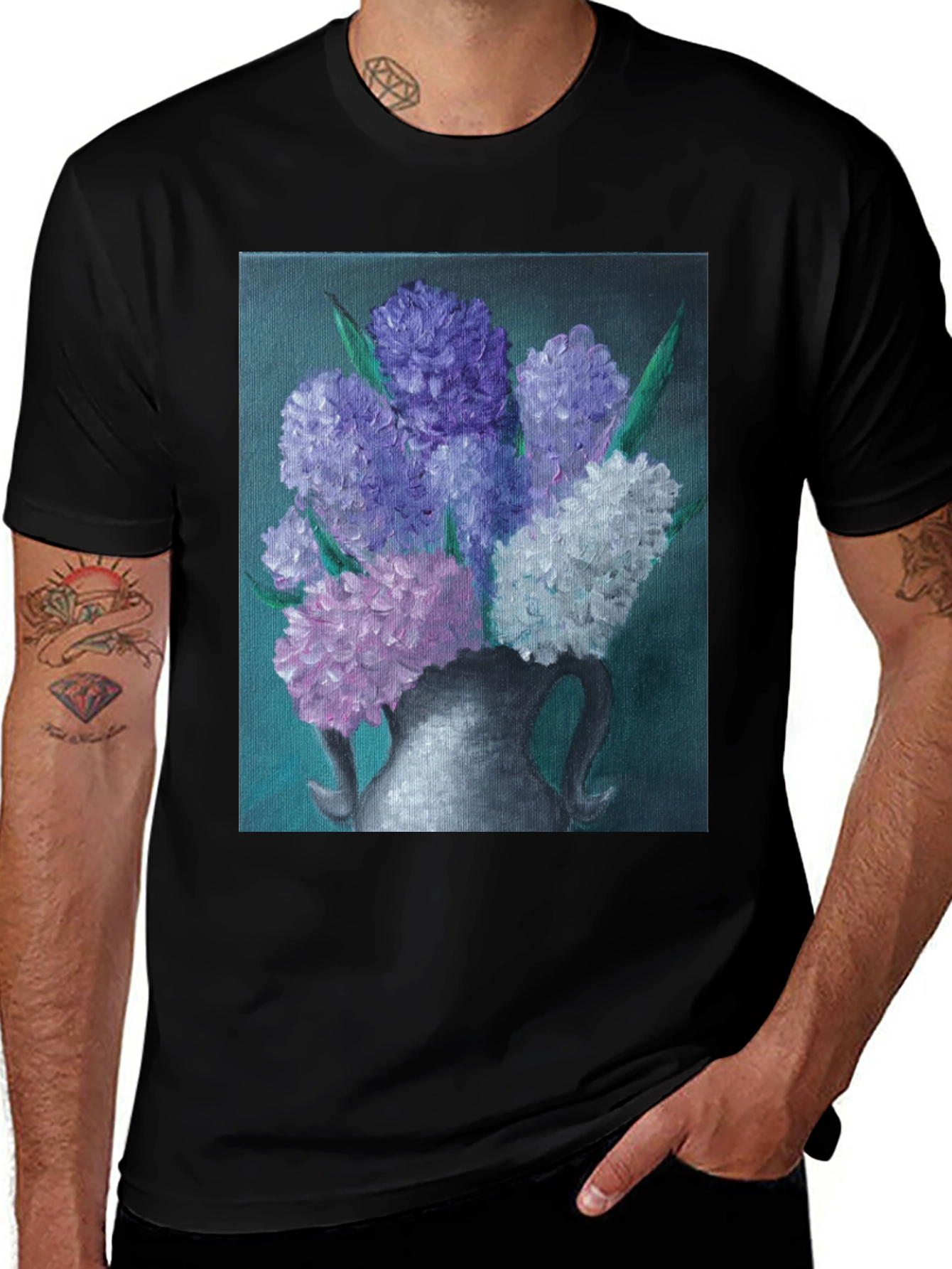 Floral Vase Painting Black T-Shirt
