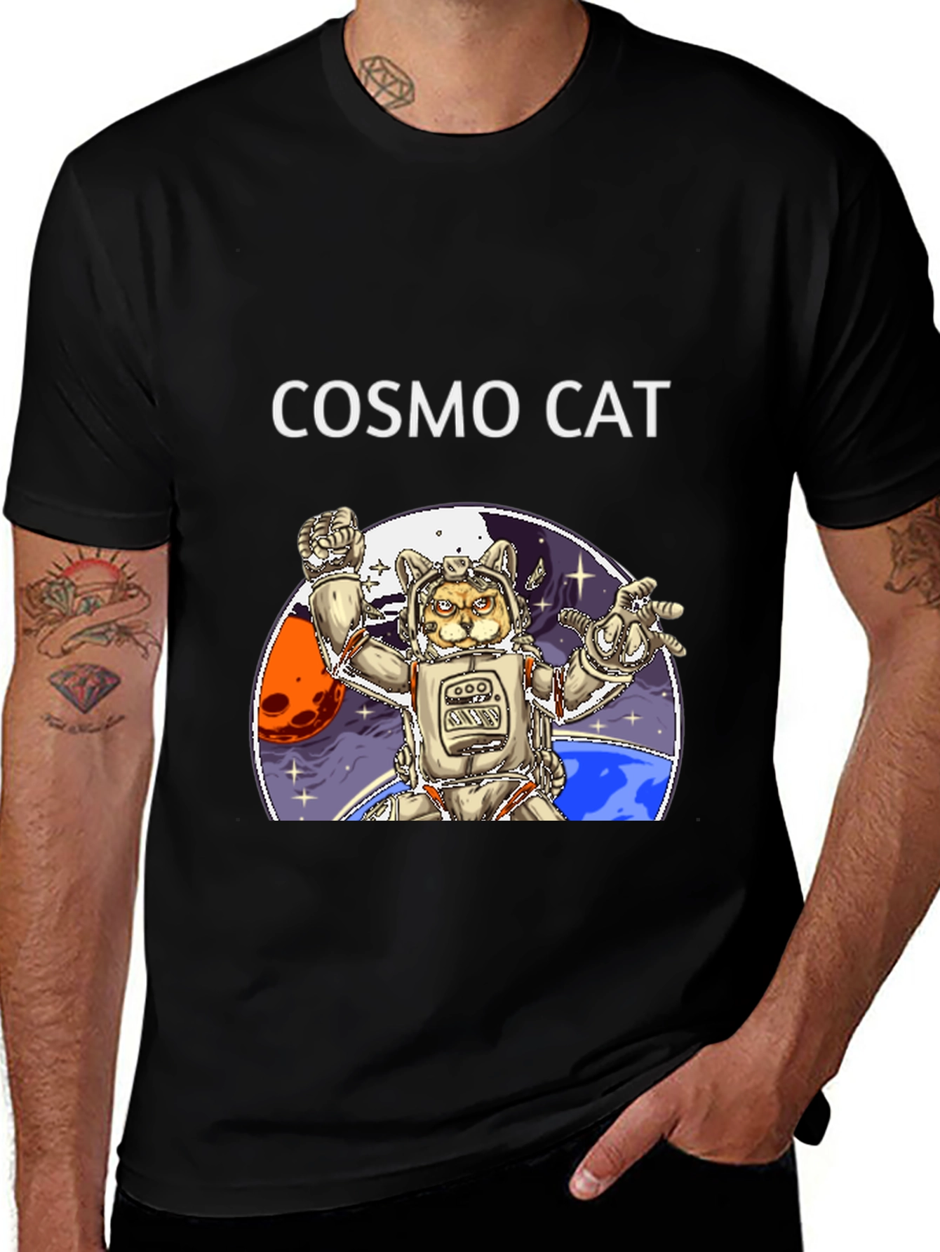 Cosmo Cat Black T-Shirt - Space Adventure