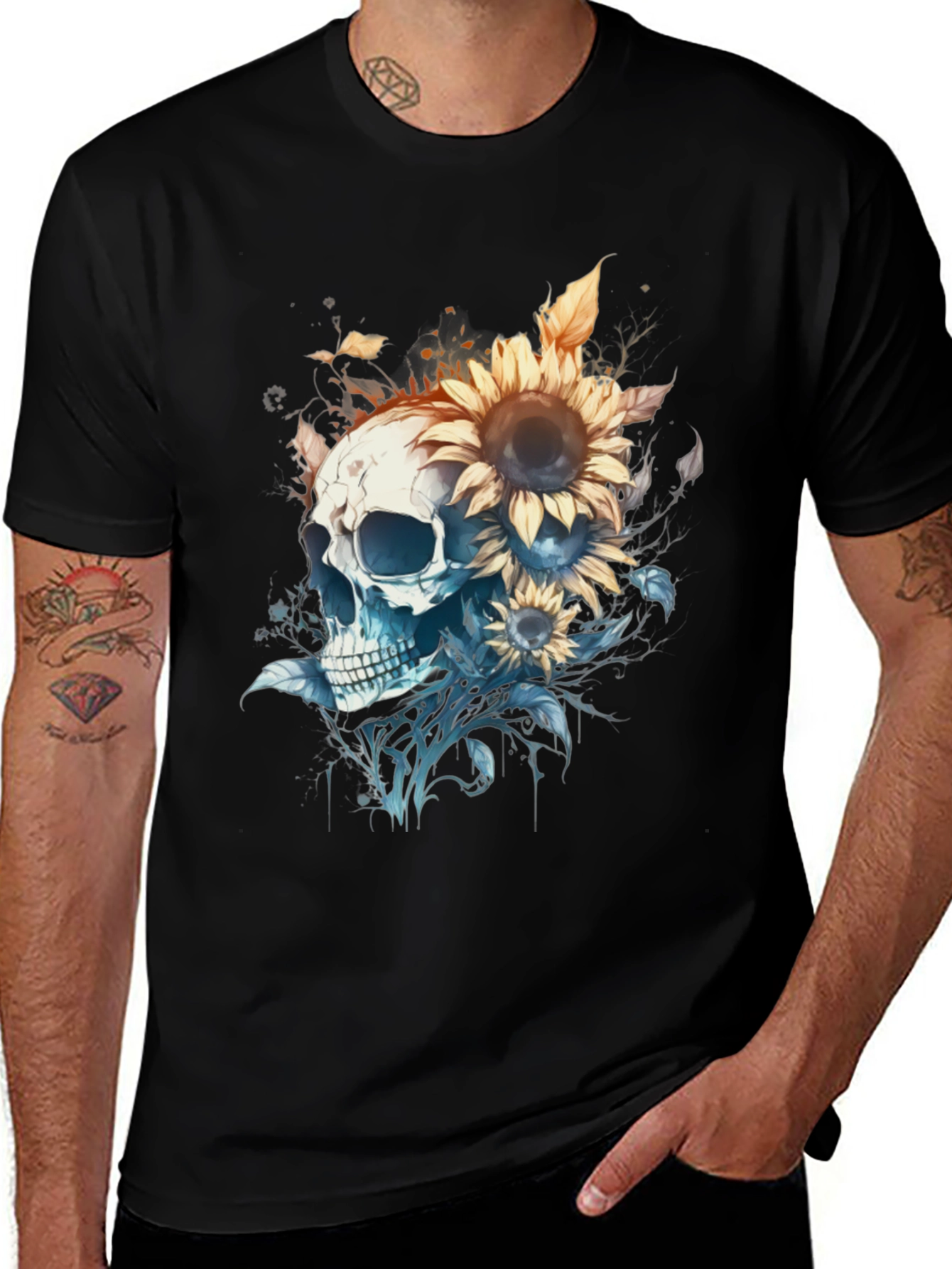 Variant 3 of Skull & Sunflower Graphic Tee - Stylish Black T-Shirt
