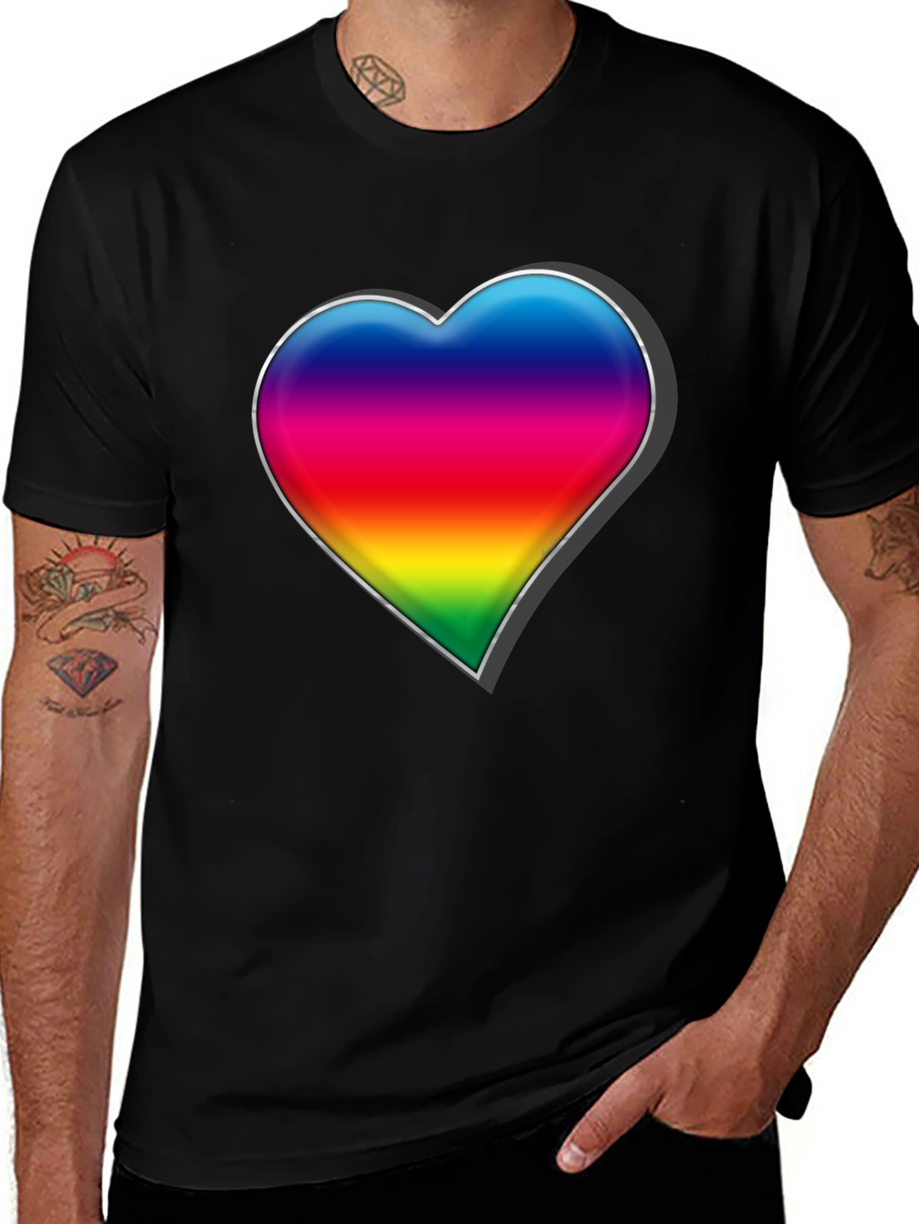 Variant 11 of Rainbow Heart Graphic Tee - Black Cotton Blend Shirt
