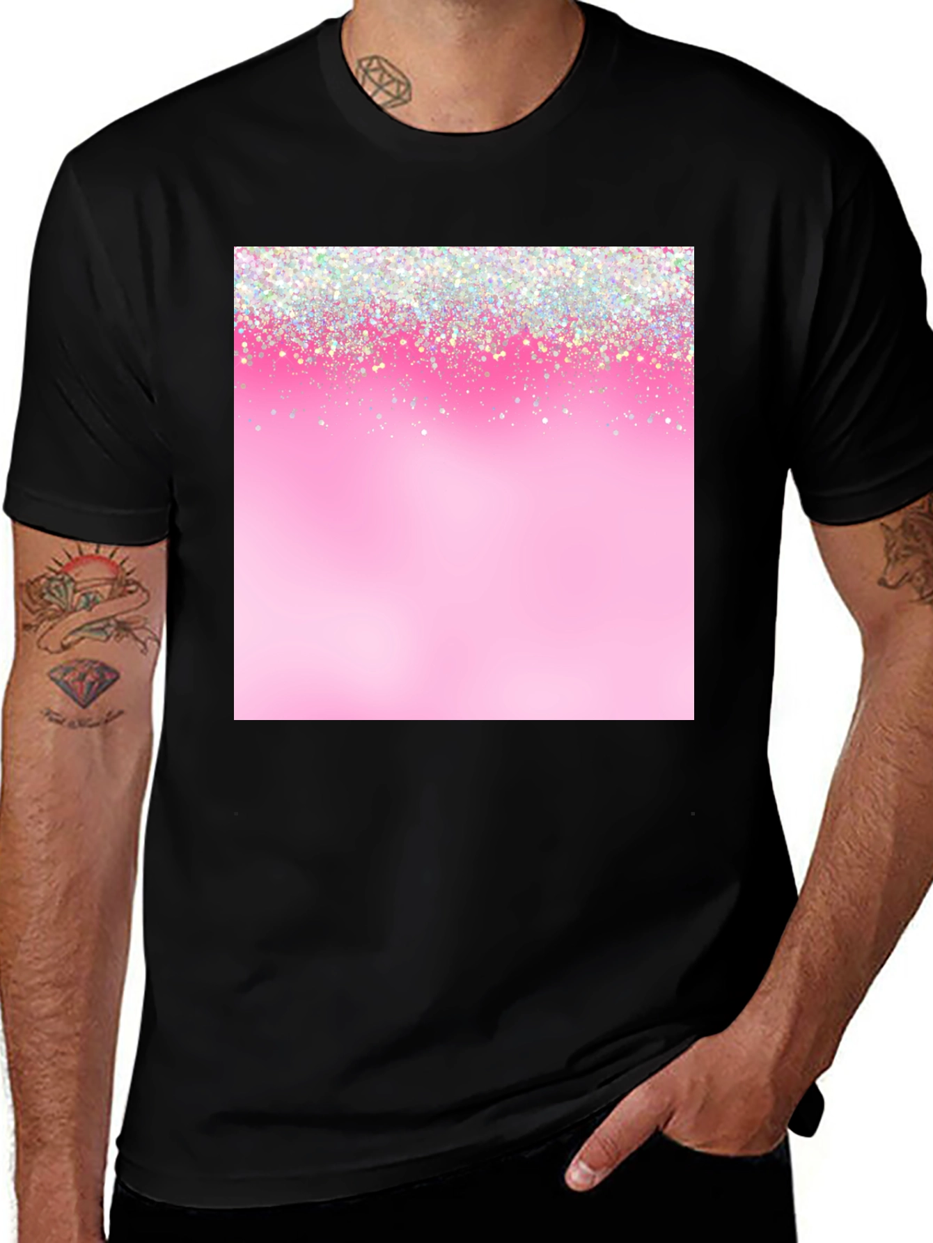 Variant 16 of Pink Glitter Sparkle Print Black T-Shirt