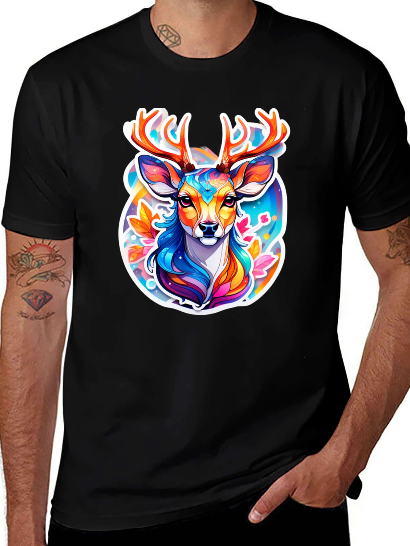 Variant 2 of Colorful Deer Graphic Black Tee