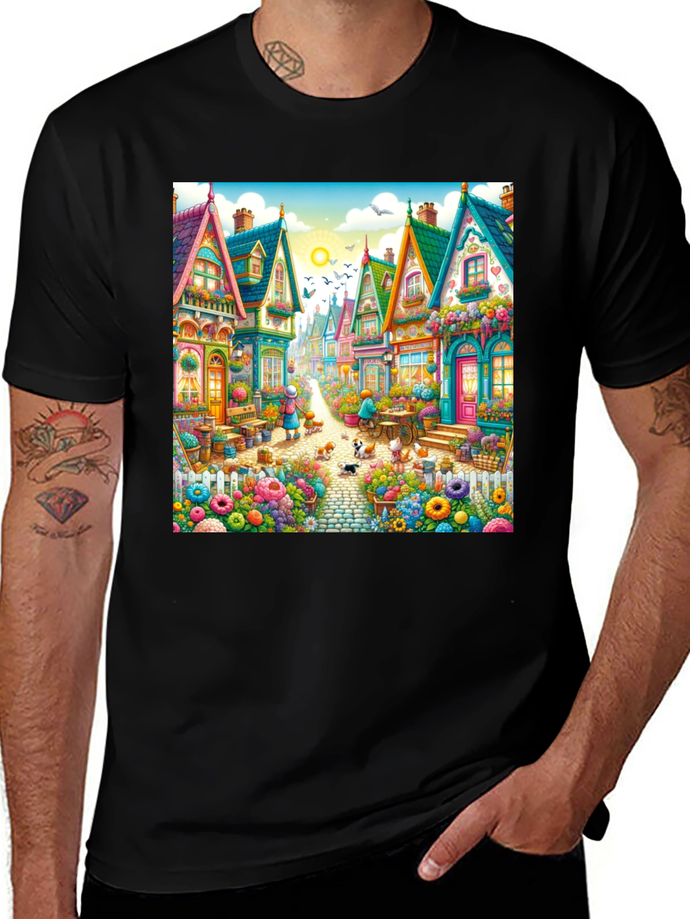 Variant 15 of Whimsical Village T-Shirt - Colorful Town Design