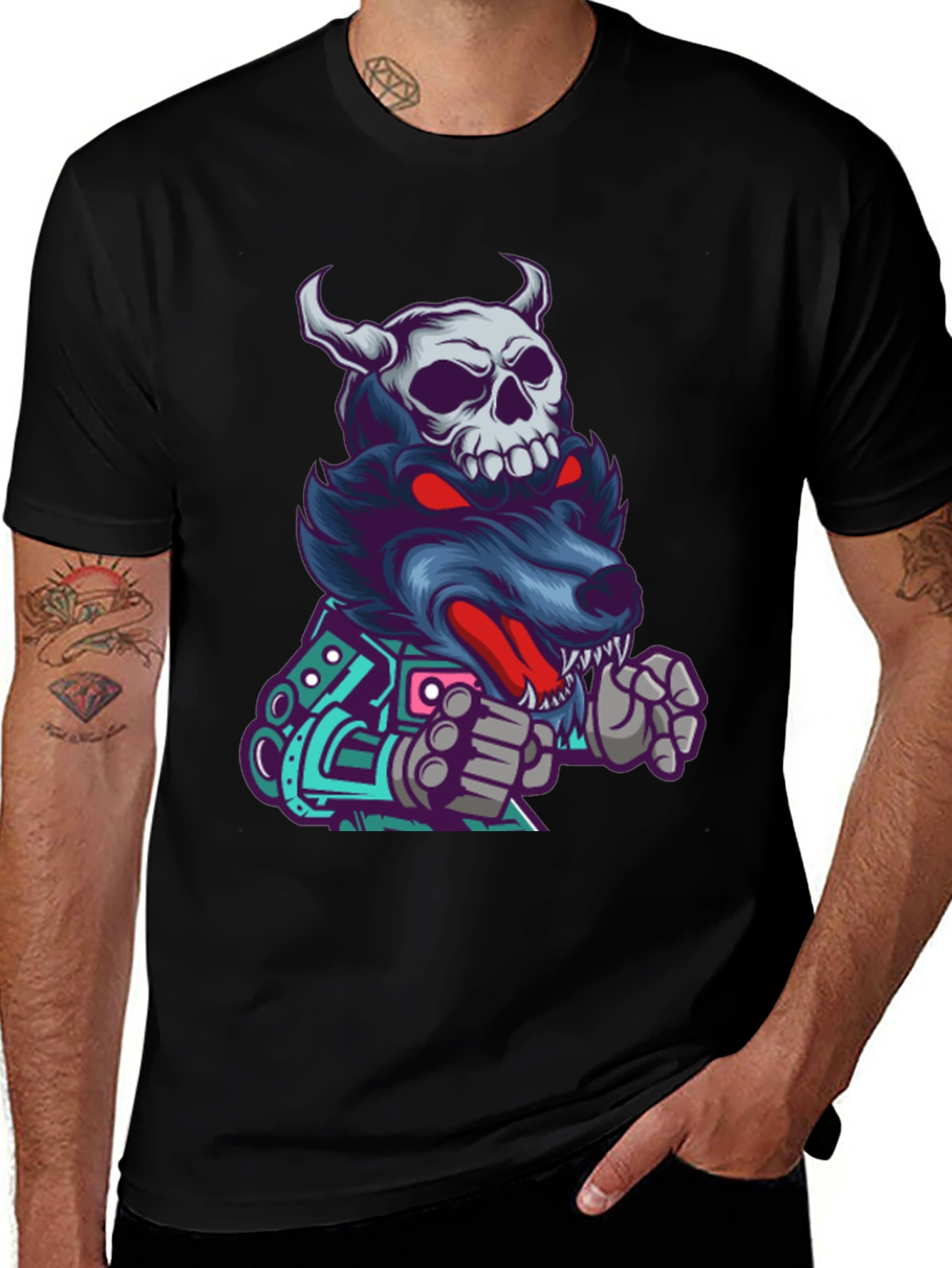 Variant 15 of Skull Wolf Graphic Tee - Black Cotton Blend T-Shirt
