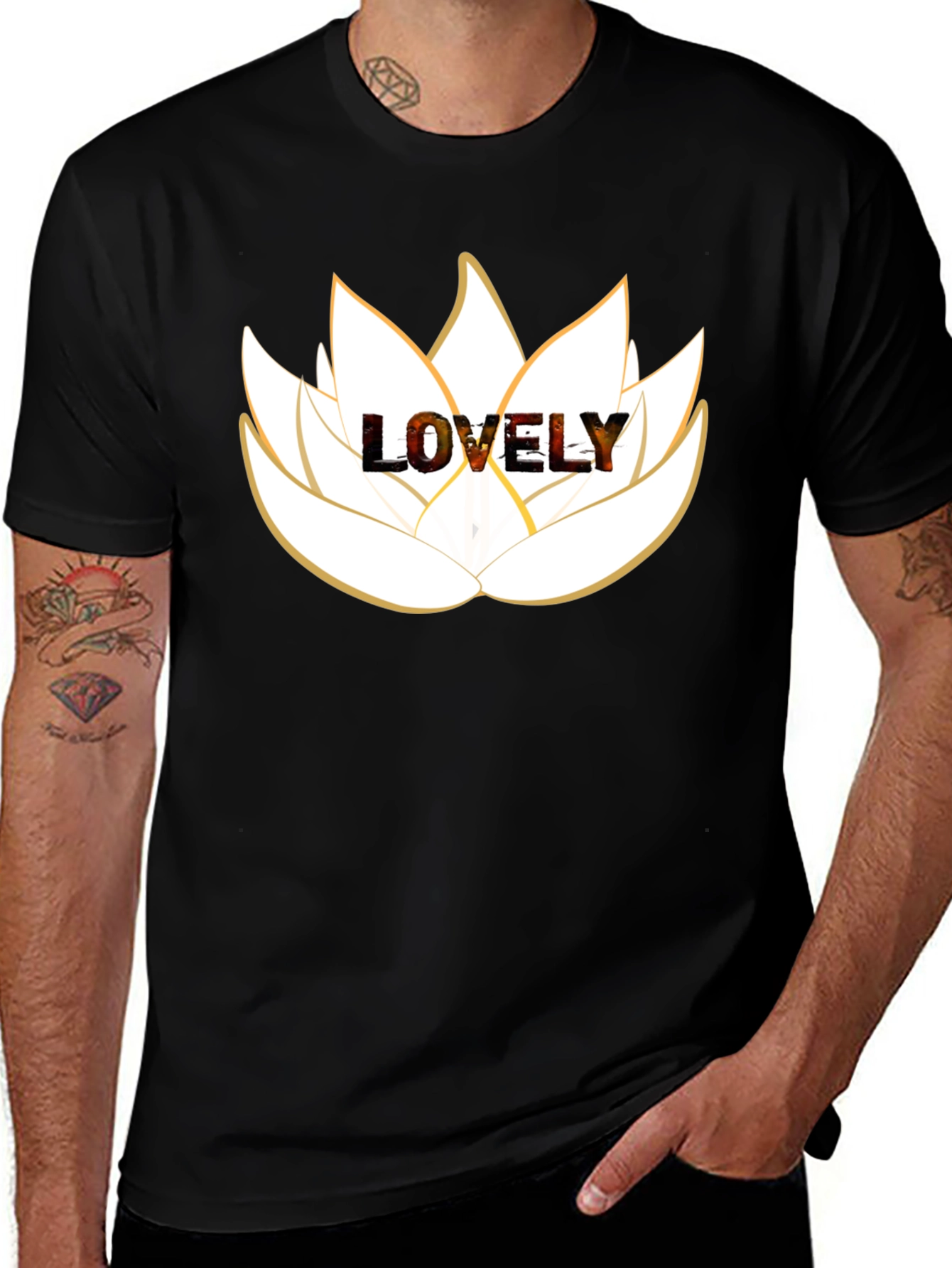 Lovely Lotus Flower Graphic Black T-Shirt