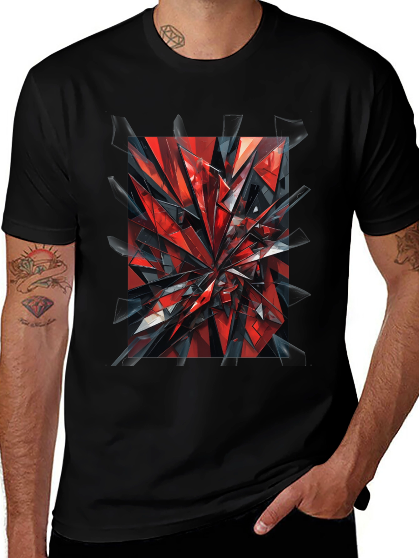 Variant 29 of Geometric Shattered Red Graphic Tee - Stylish Men's Black T-Shirt