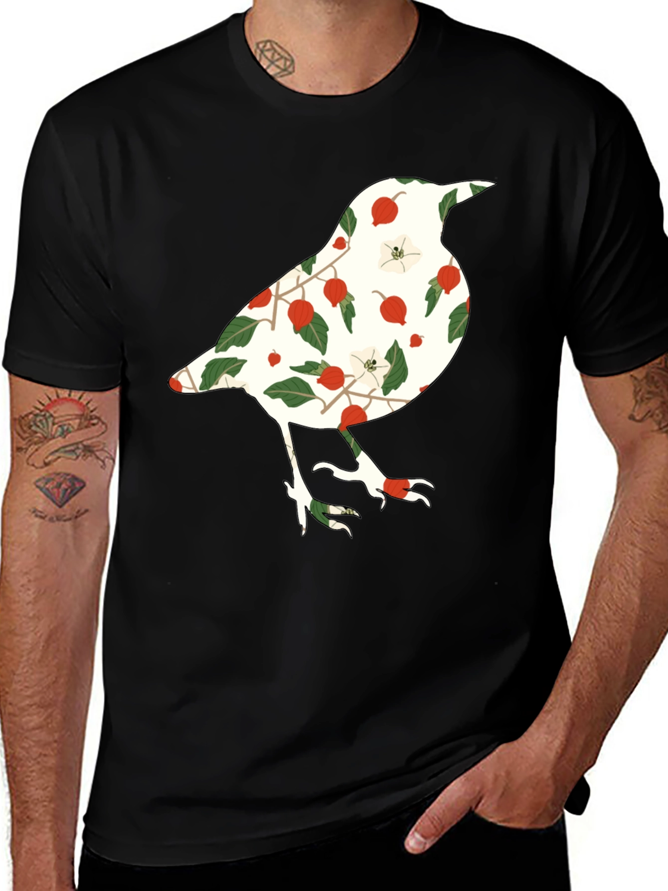 Variant 15 of Floral Bird Graphic Tee - Black Casual T-Shirt