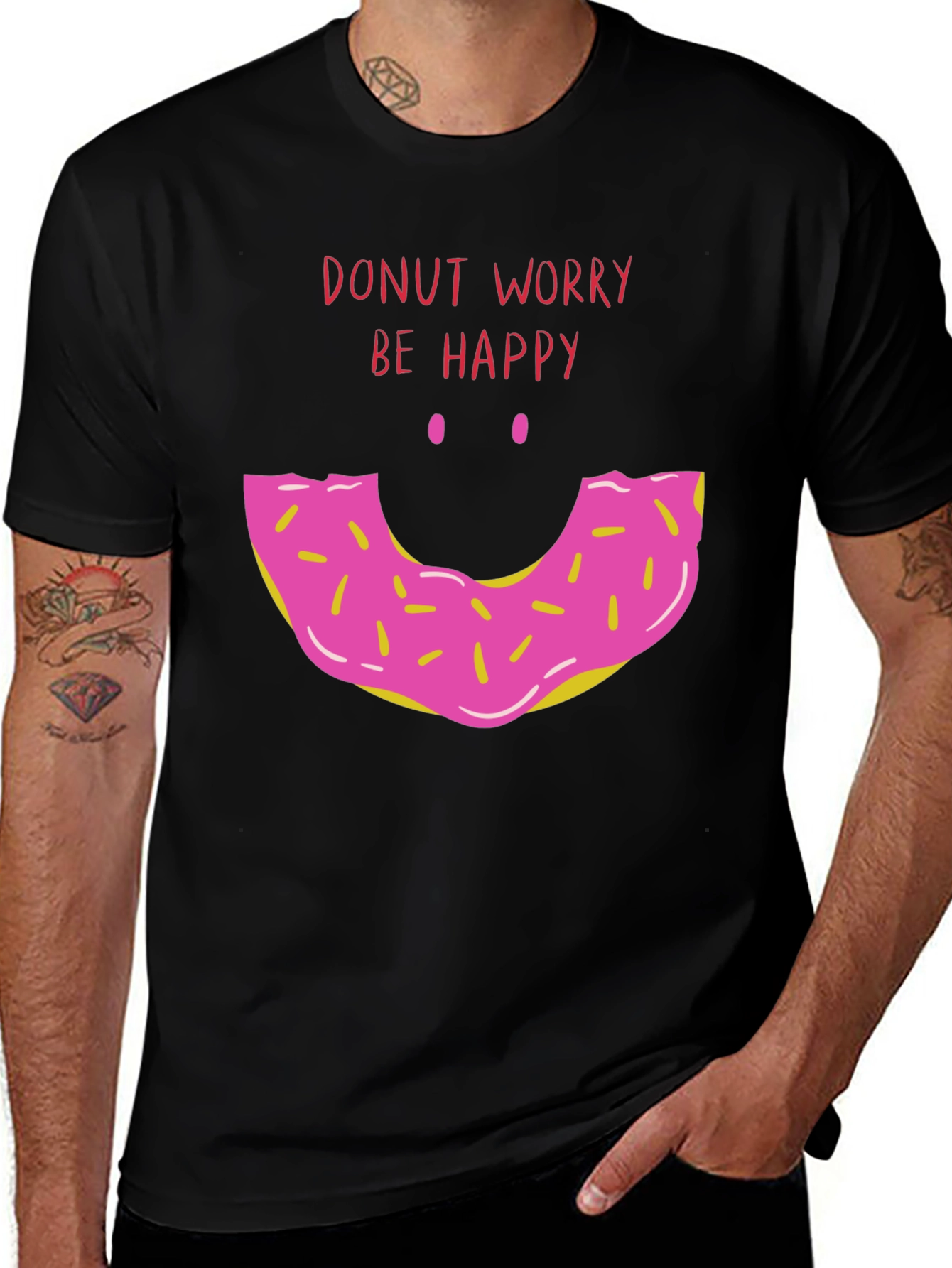 Variant 16 of Donut Worry Be Happy Graphic Tee - Black Cotton T-Shirt