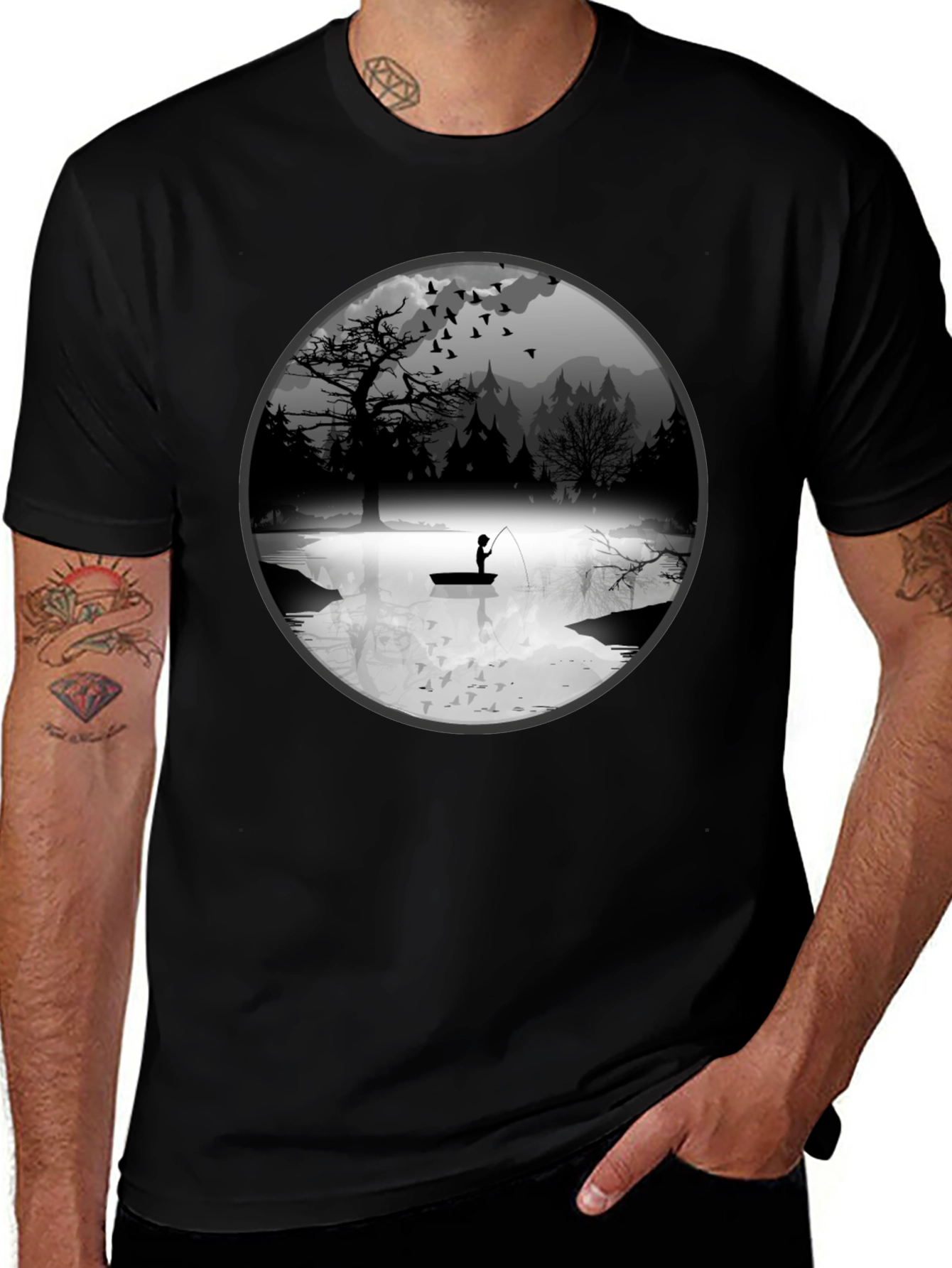 Variant 30 of Fishing Scene Graphic Black T-Shirt