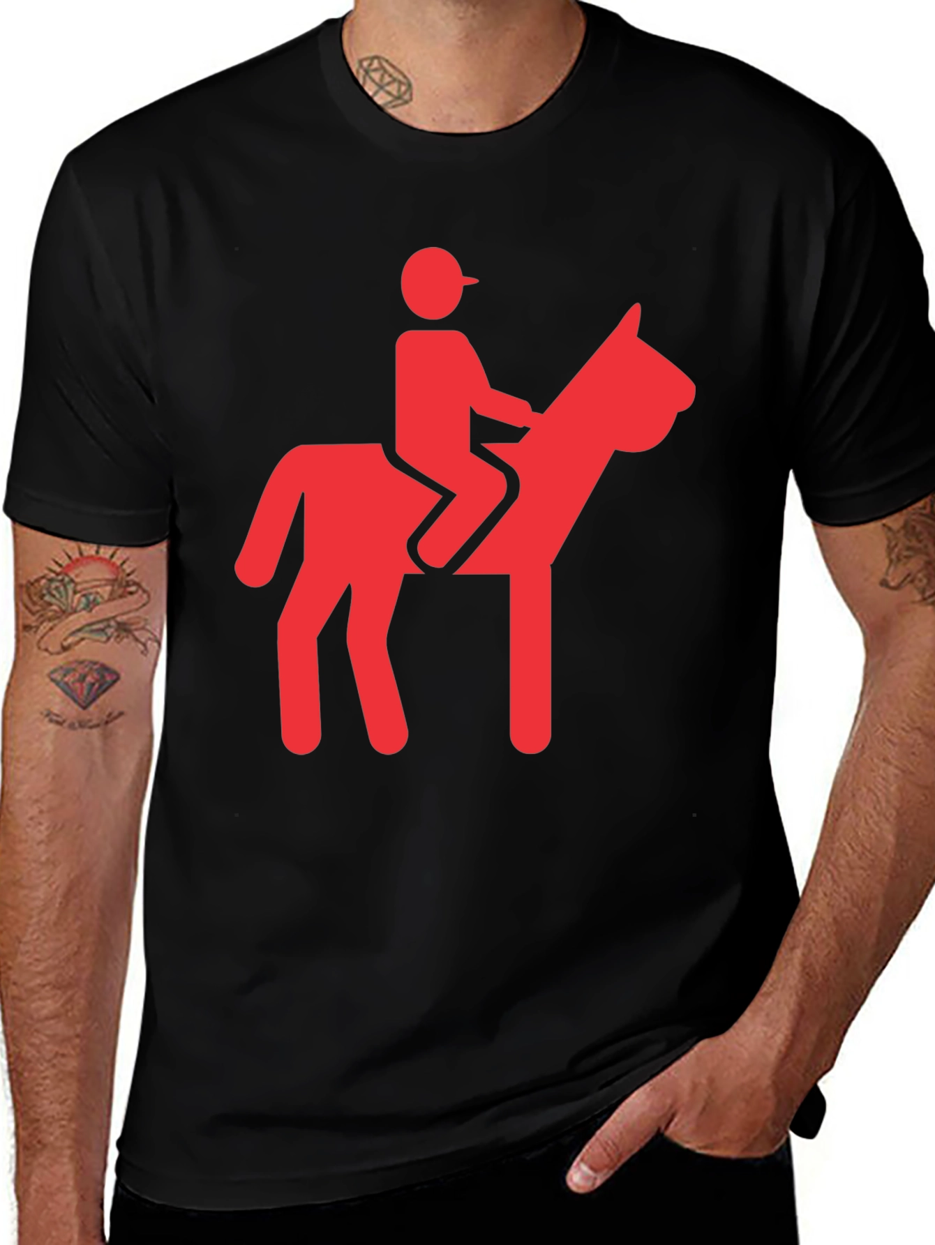 Variant 4 of Funny Red Horse Riding Graphic Black T-Shirt