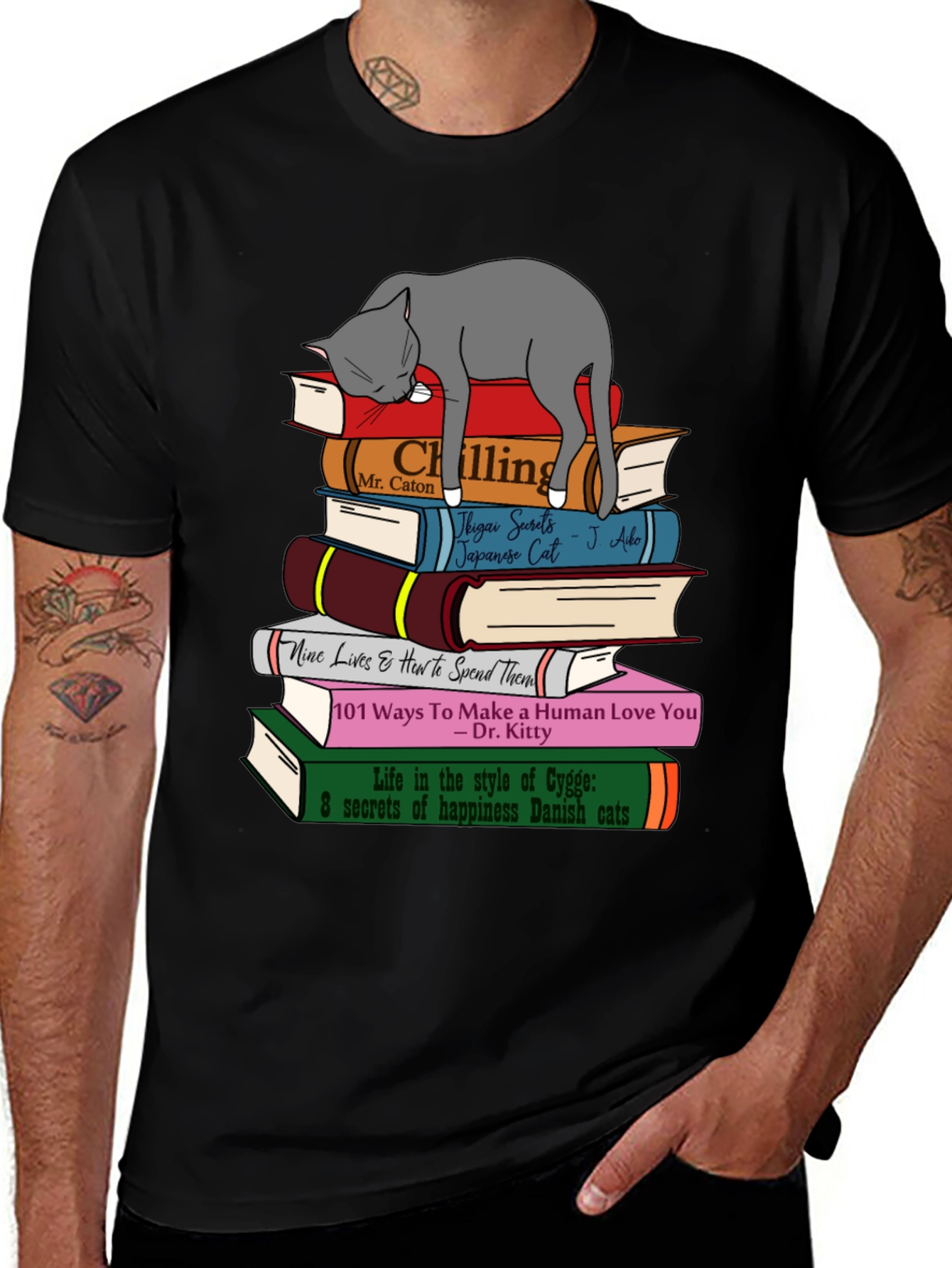 Cat Lover T-Shirt: Book Stack & Sleeping Cat Design