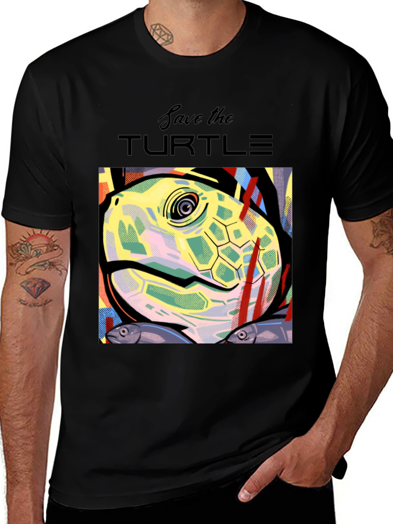 Variant 26 of Save the Turtles Graphic Tee - Black Crew Neck T-Shirt