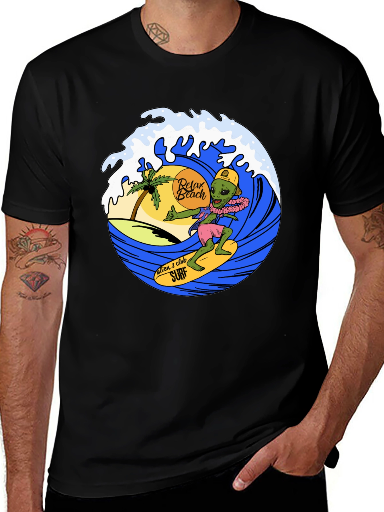 Black Alien Surf T-Shirt - Relax Beach Tee main image