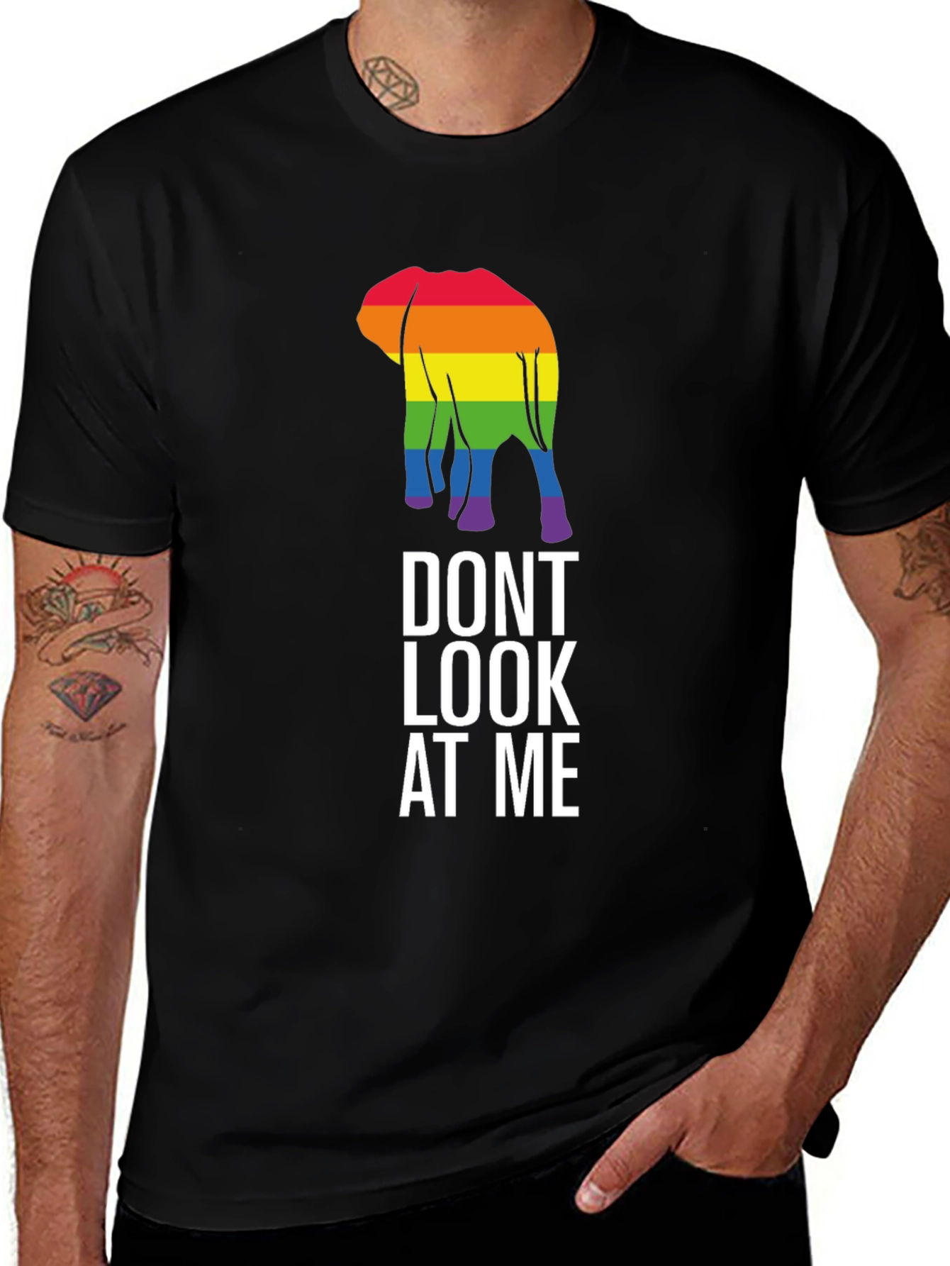 Variant 21 of LGBTQ+ Elephant Graphic Tee - "Don't Look at Me" Black T-Shirt
