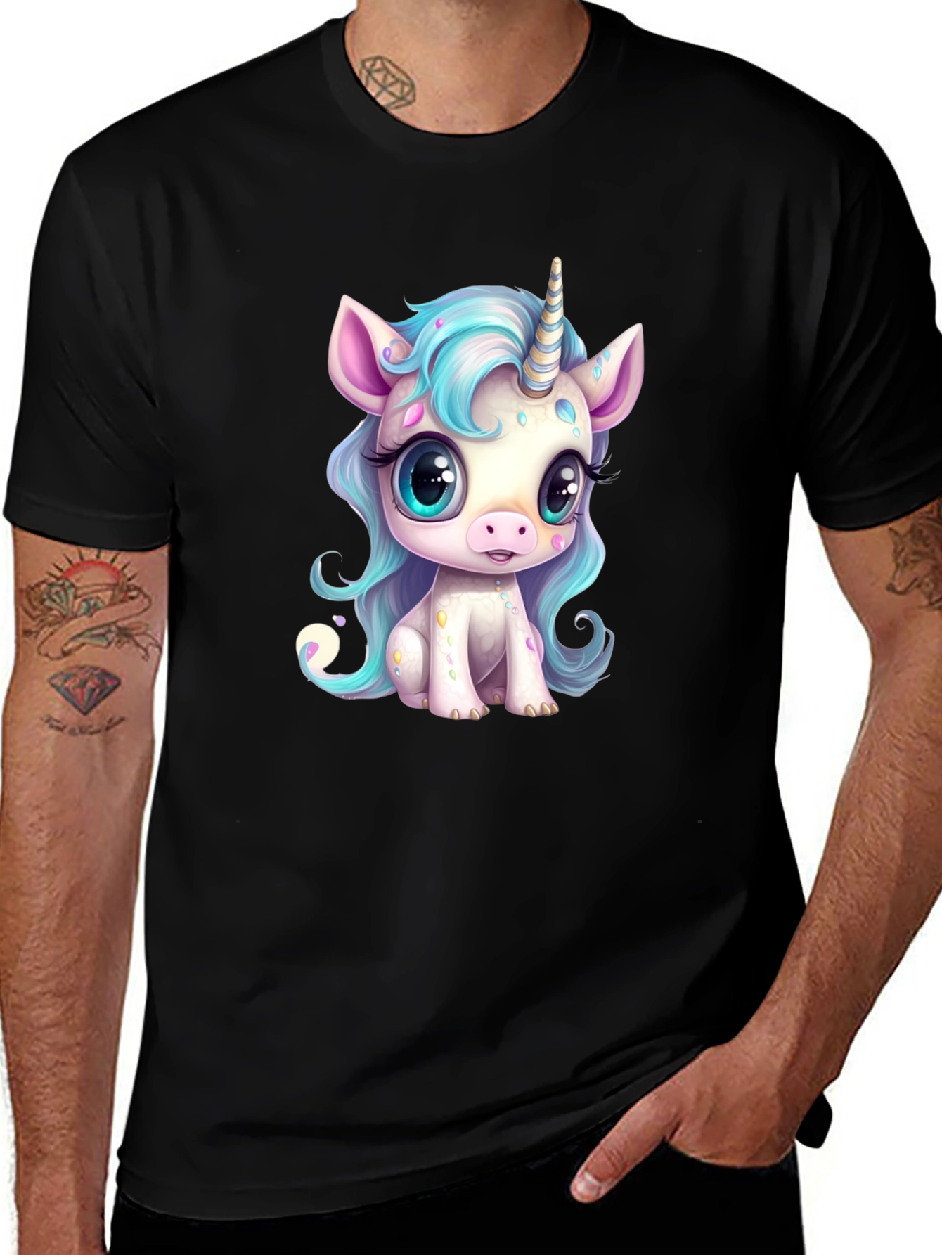 Variant 7 of Cute Cartoon Unicorn Graphic Black T-Shirt