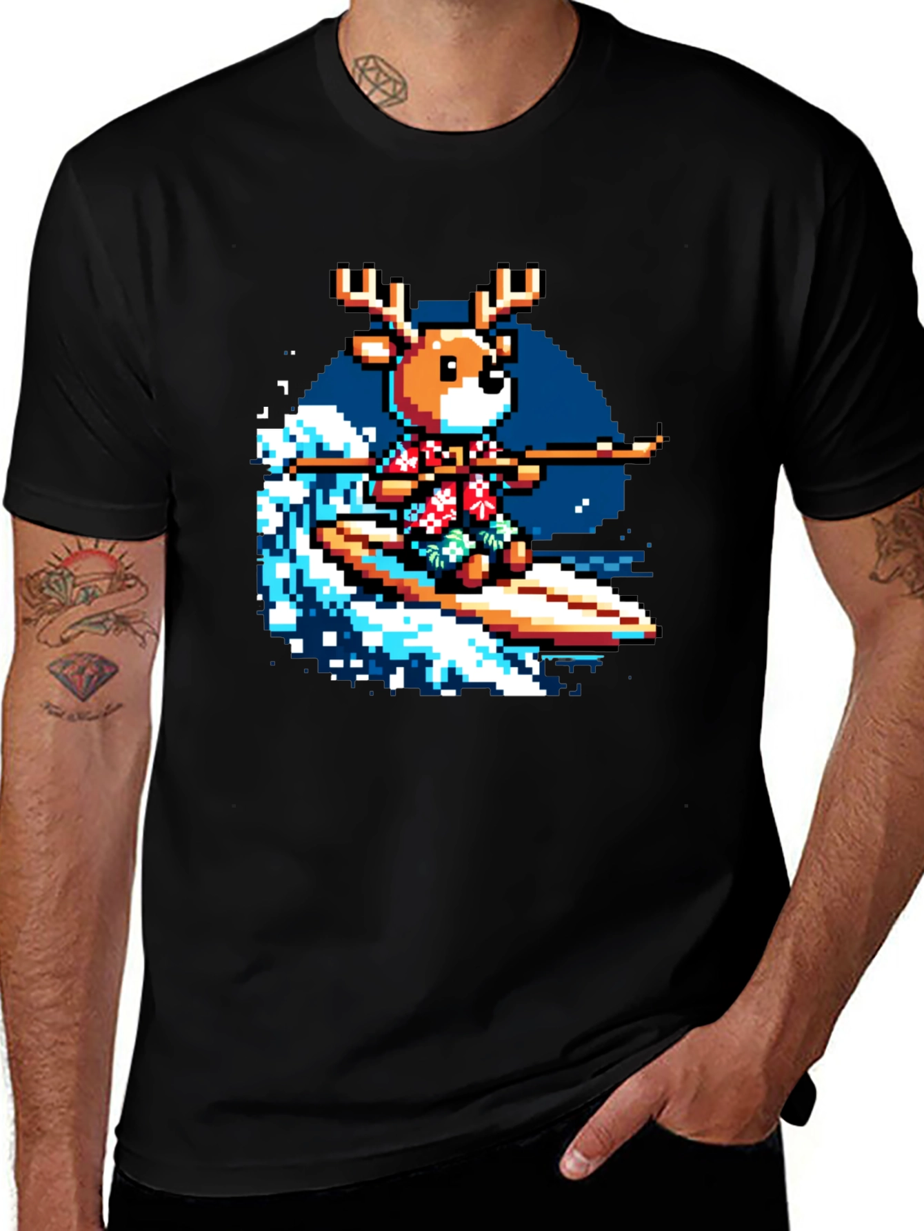 Variant 9 of Pixel Reindeer Surfing Graphic Tee