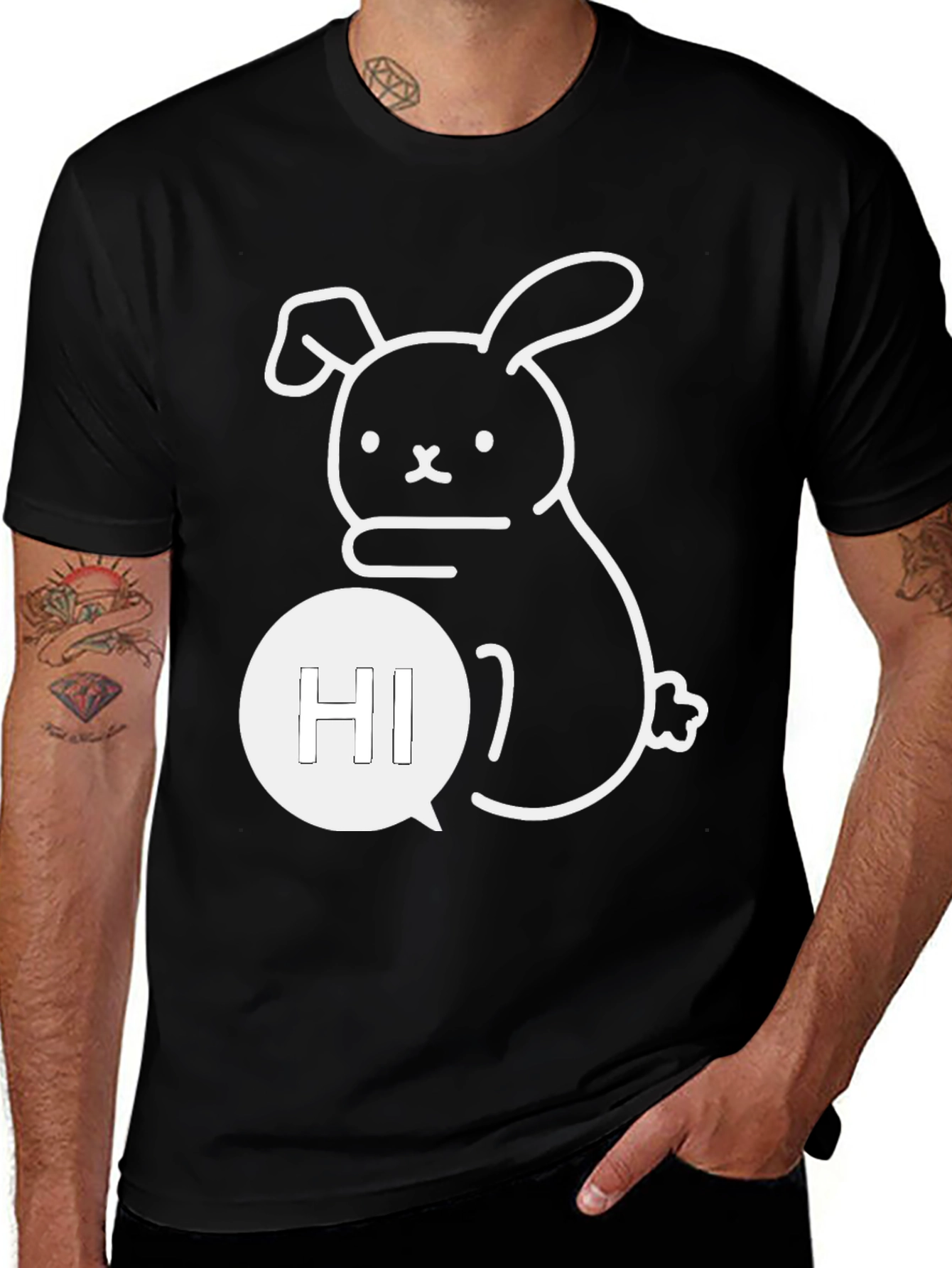 Variant 26 of Cute Bunny 'Hi' Graphic Tee - Black