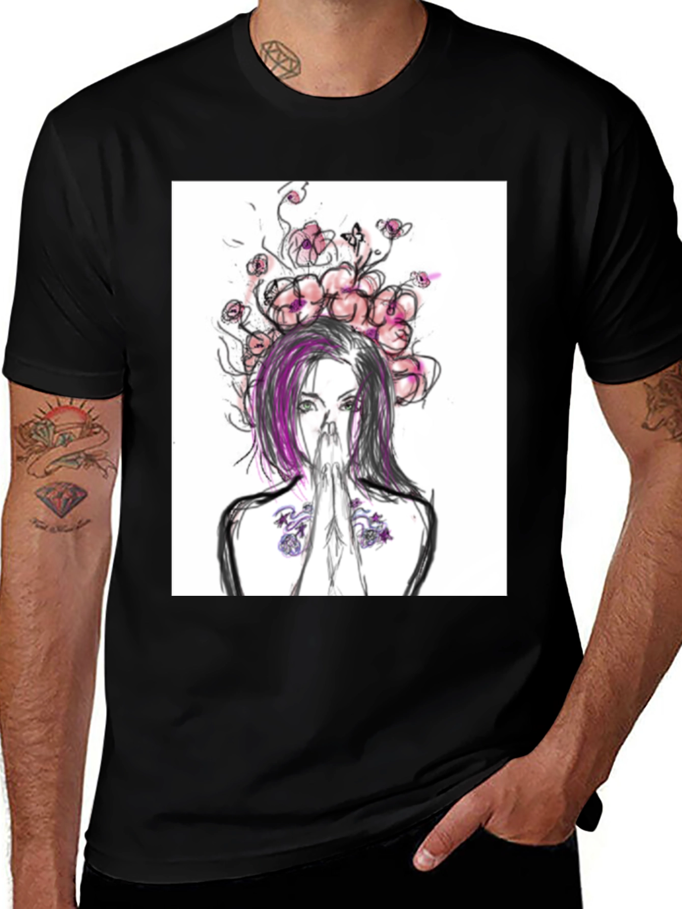 Variant 5 of Floral Portrait Graphic Tee - Black