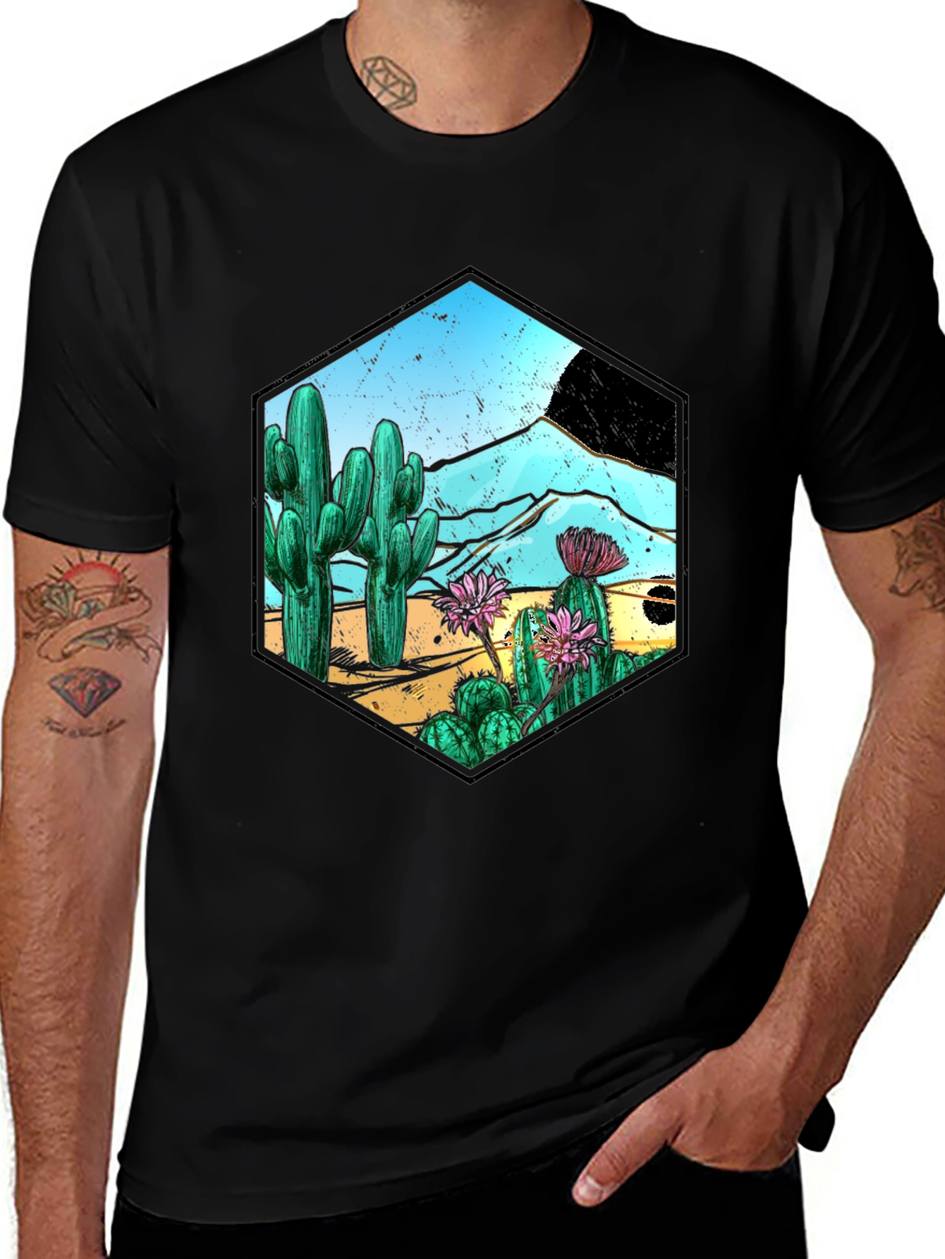 Variant 28 of Cactus Desert Scene Graphic Tee - Black Cotton Blend