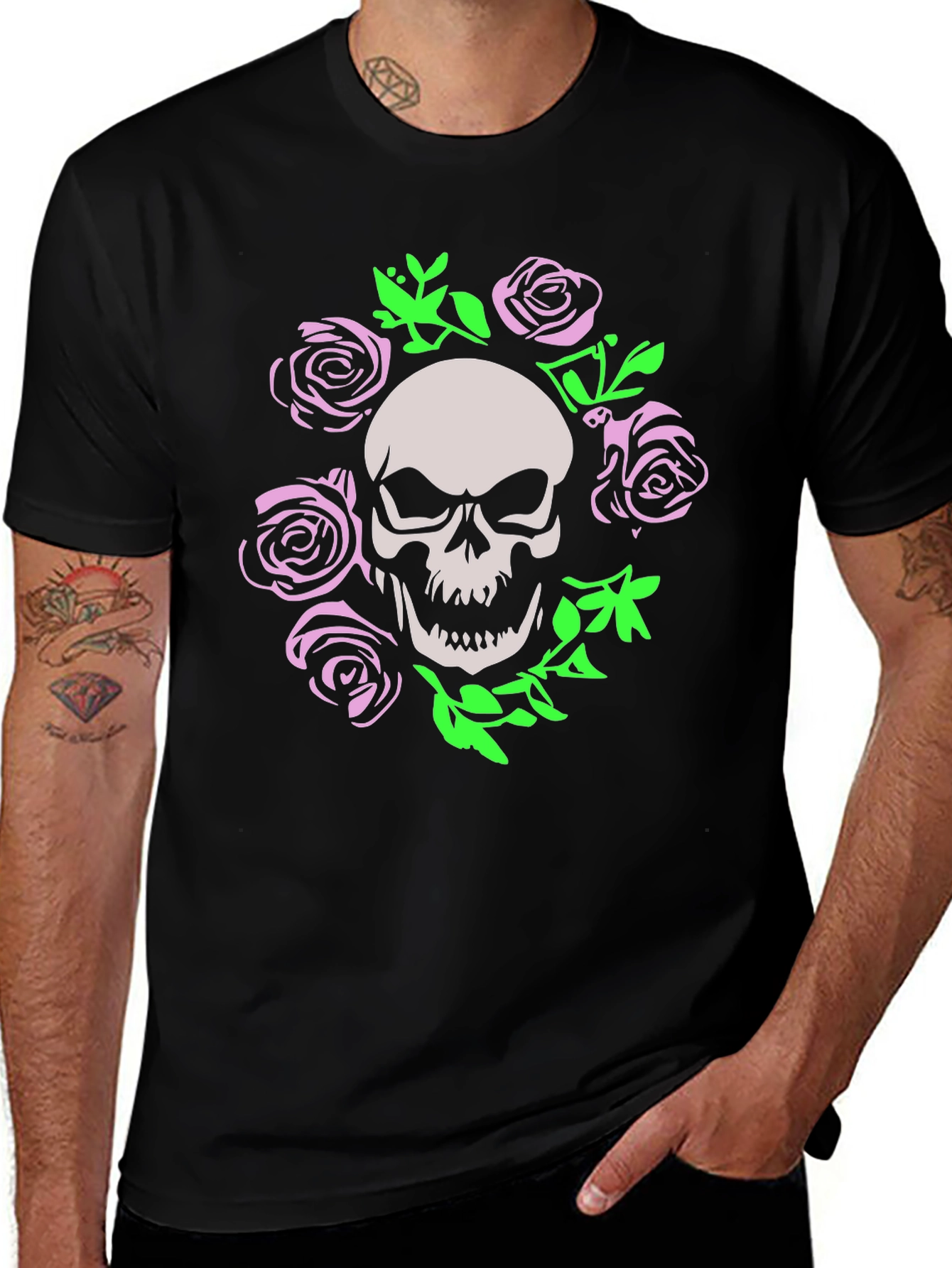 Skull & Roses Graphic Tee - Stylish Men's Black T-Shirt