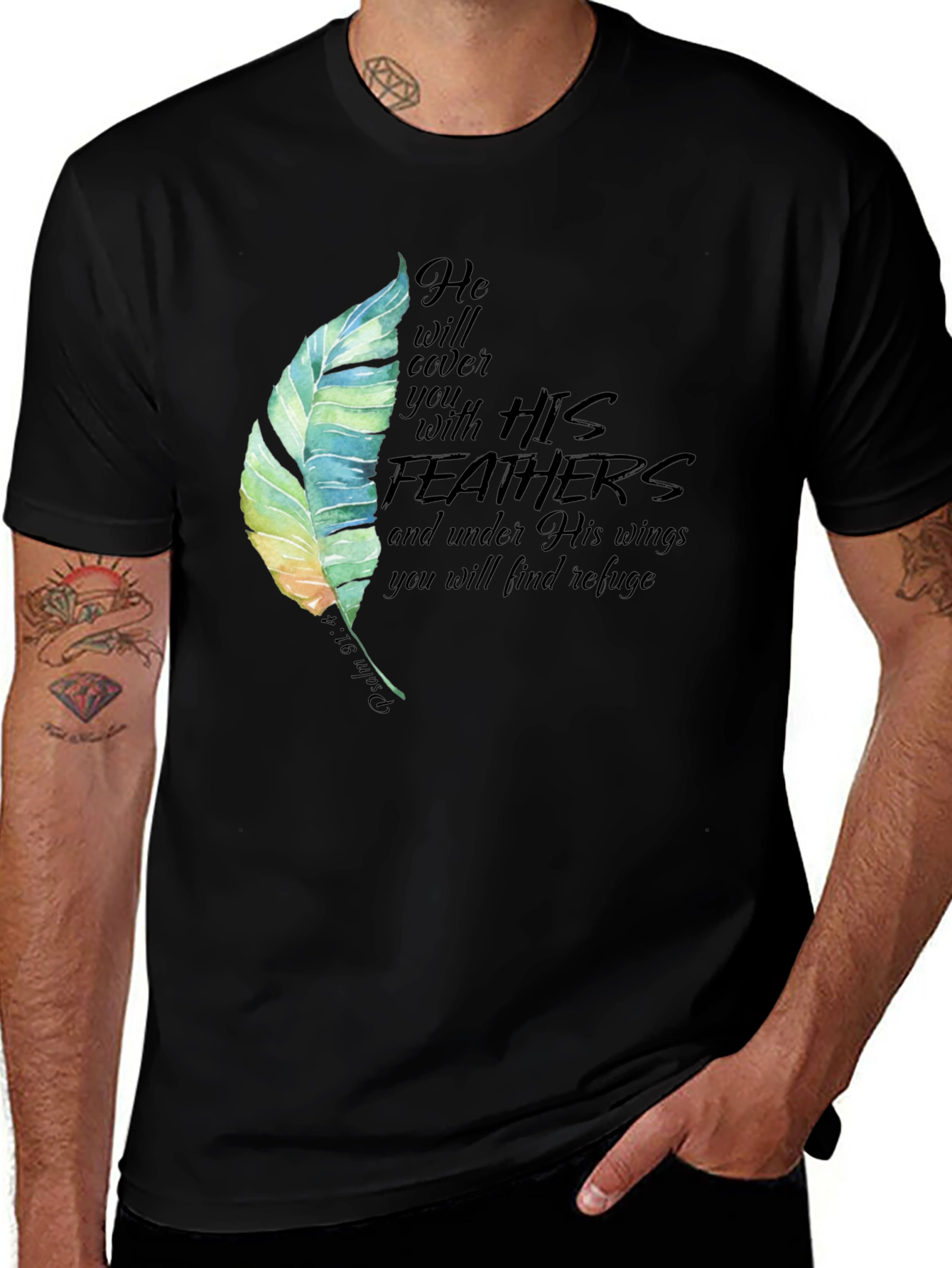 Feather Psalm 91:4 Christian Black T-Shirt