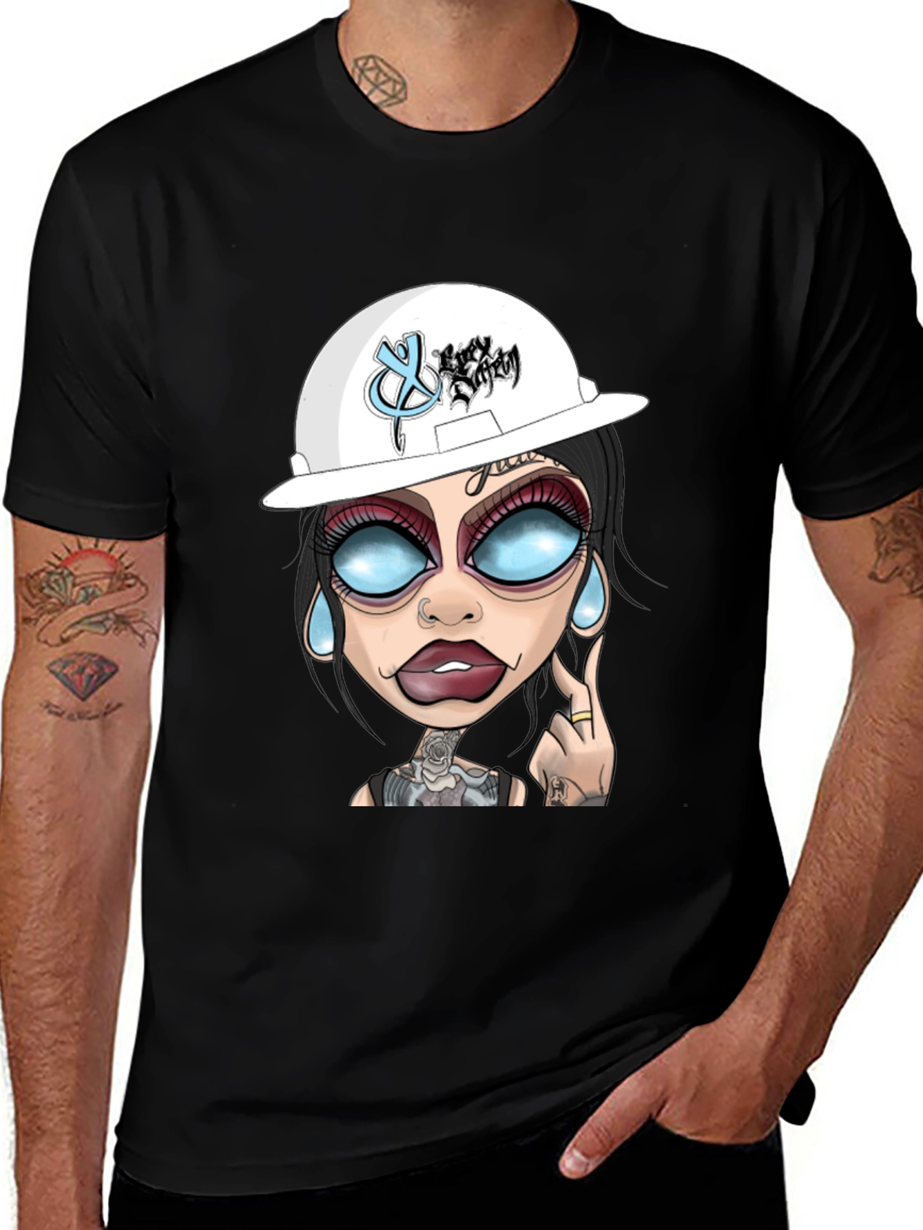 Black Cartoon Graphic T-Shirt - Edgy Tattoo Girl Design main image