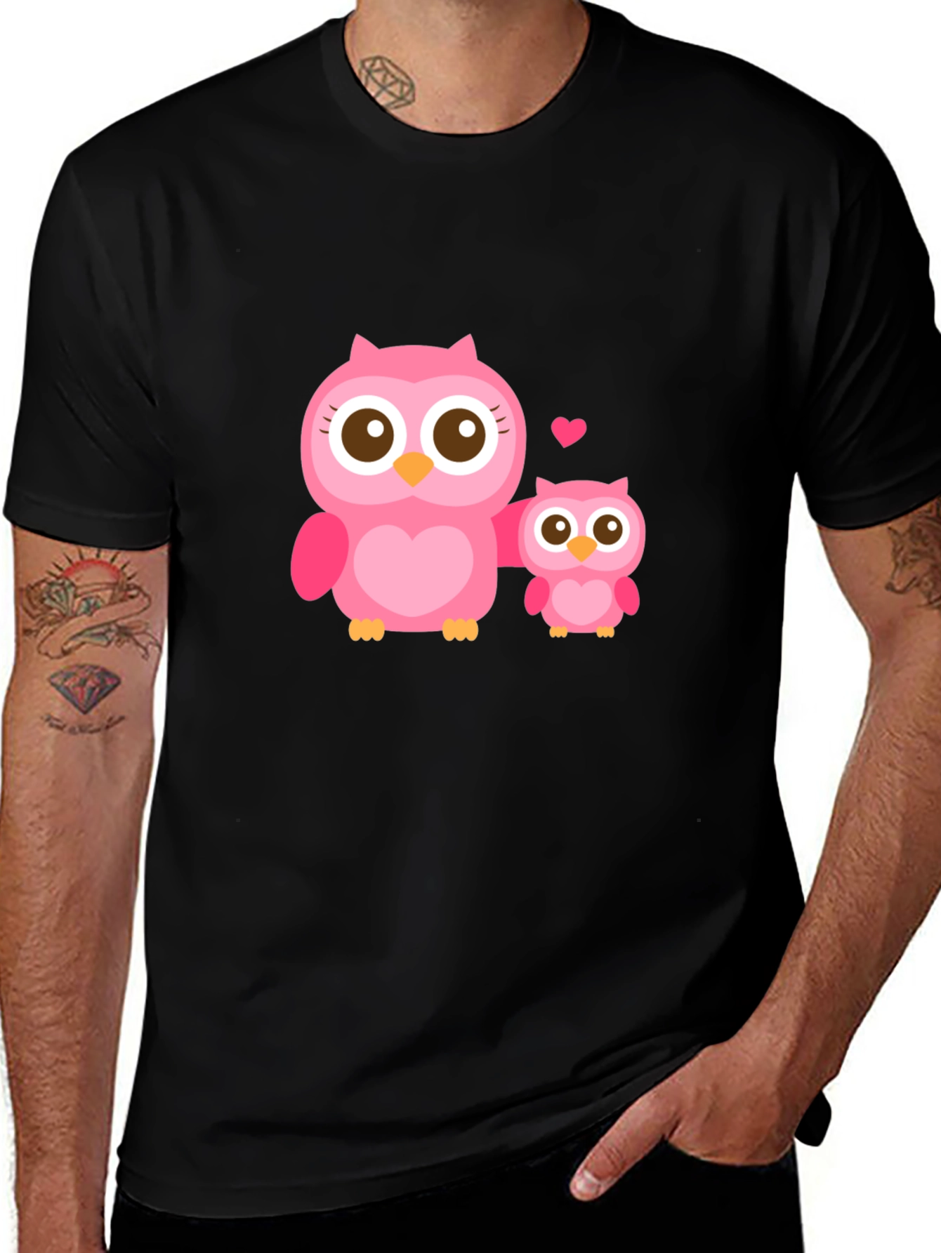 Variant 4 of Cute Owl Family Graphic Tee - Black Cotton Blend Shirt