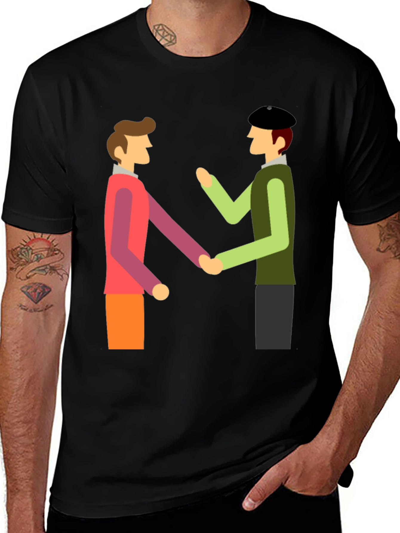 Variant 24 of Cartoon Handshake Graphic Tee - Black Casual T-Shirt
