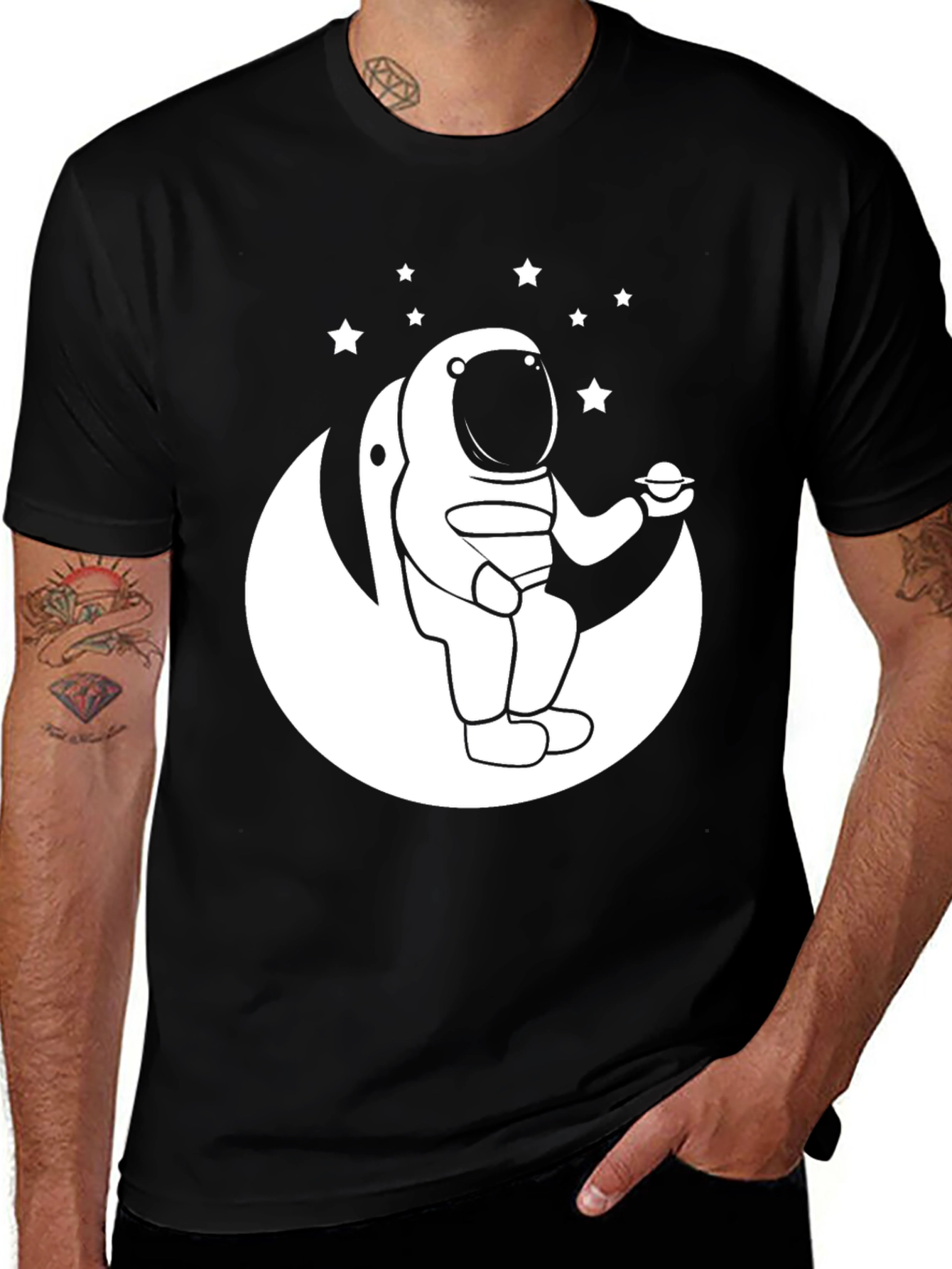 Variant 2 of Astronaut Moon T-Shirt - Black Cotton Space Tee