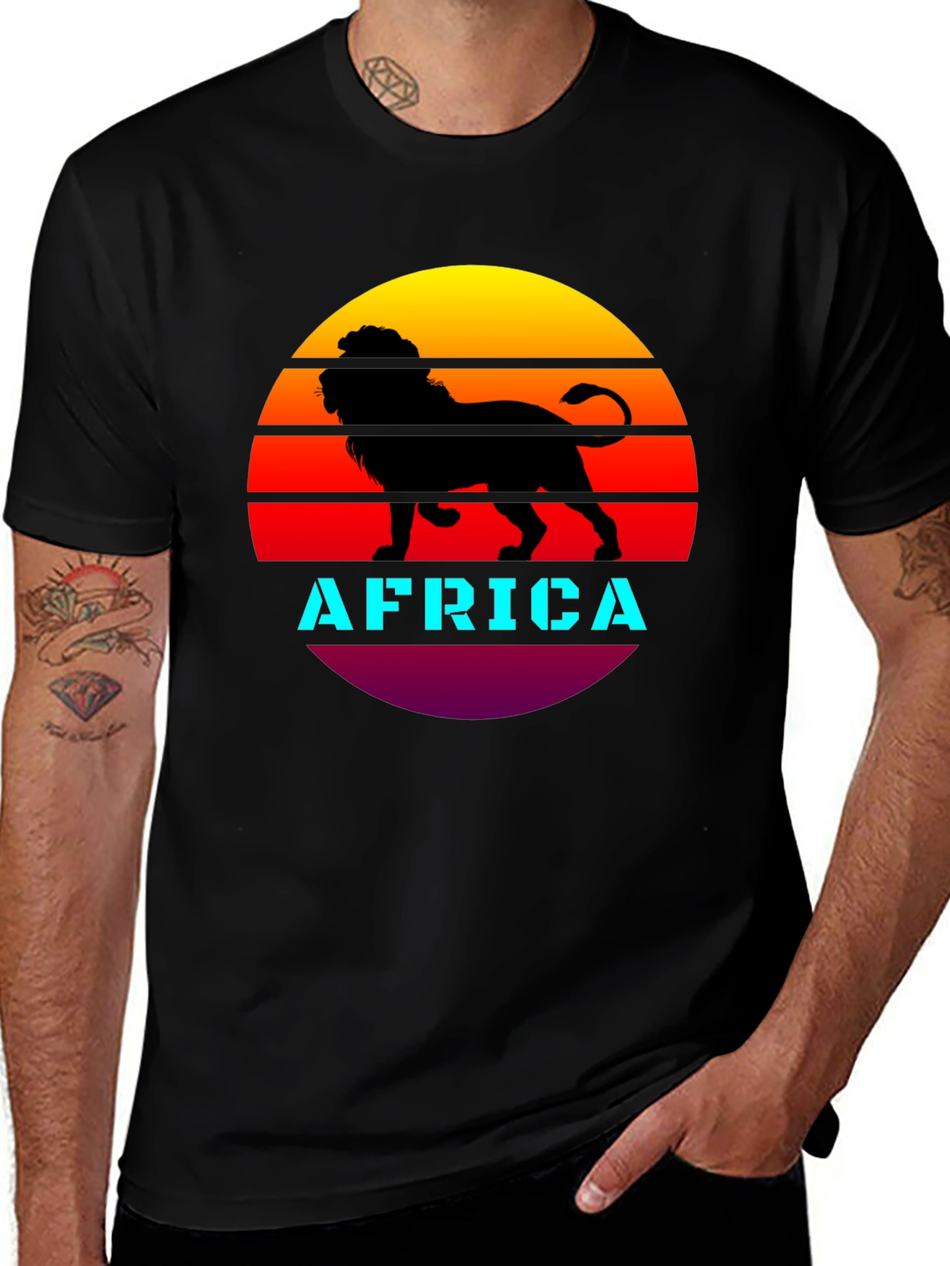Variant 12 of Africa Lion Sunset Graphic Tee - Black Cotton T-Shirt