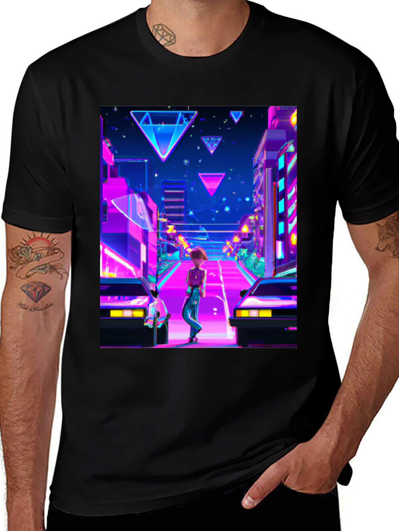 Variant 17 of Retro Wave Cityscape Black T-Shirt