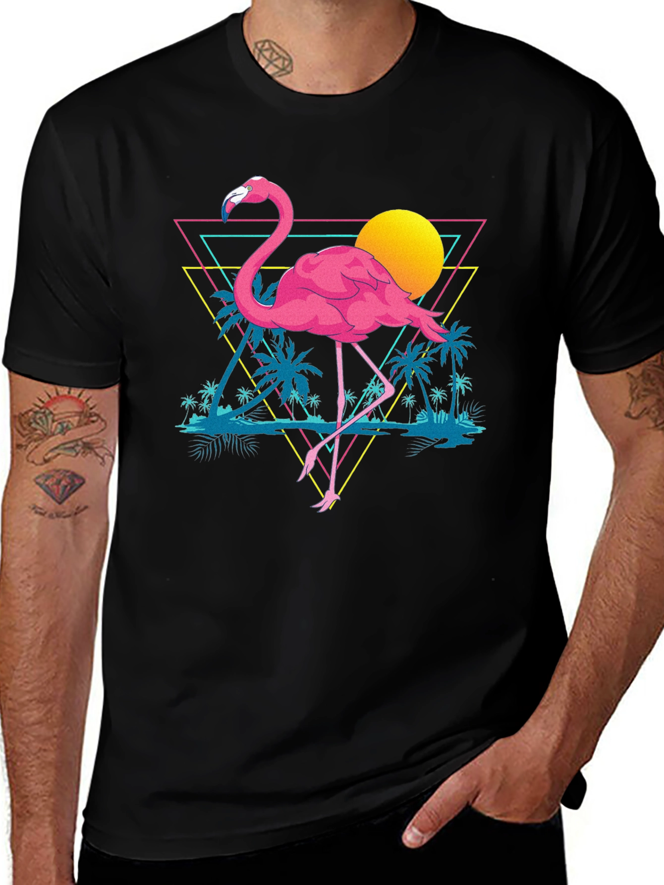 Variant 29 of Retro Flamingo T-Shirt - Black Cotton Graphic Tee