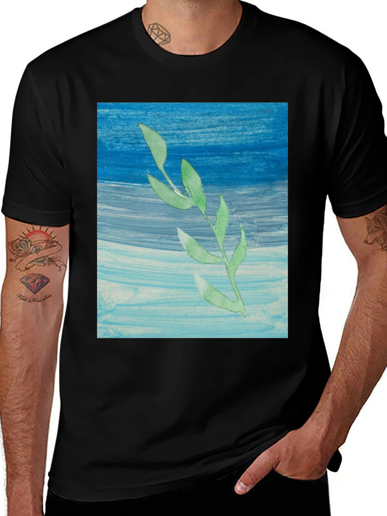 Variant 5 of Leaf Branch Watercolor Graphic Black T-Shirt