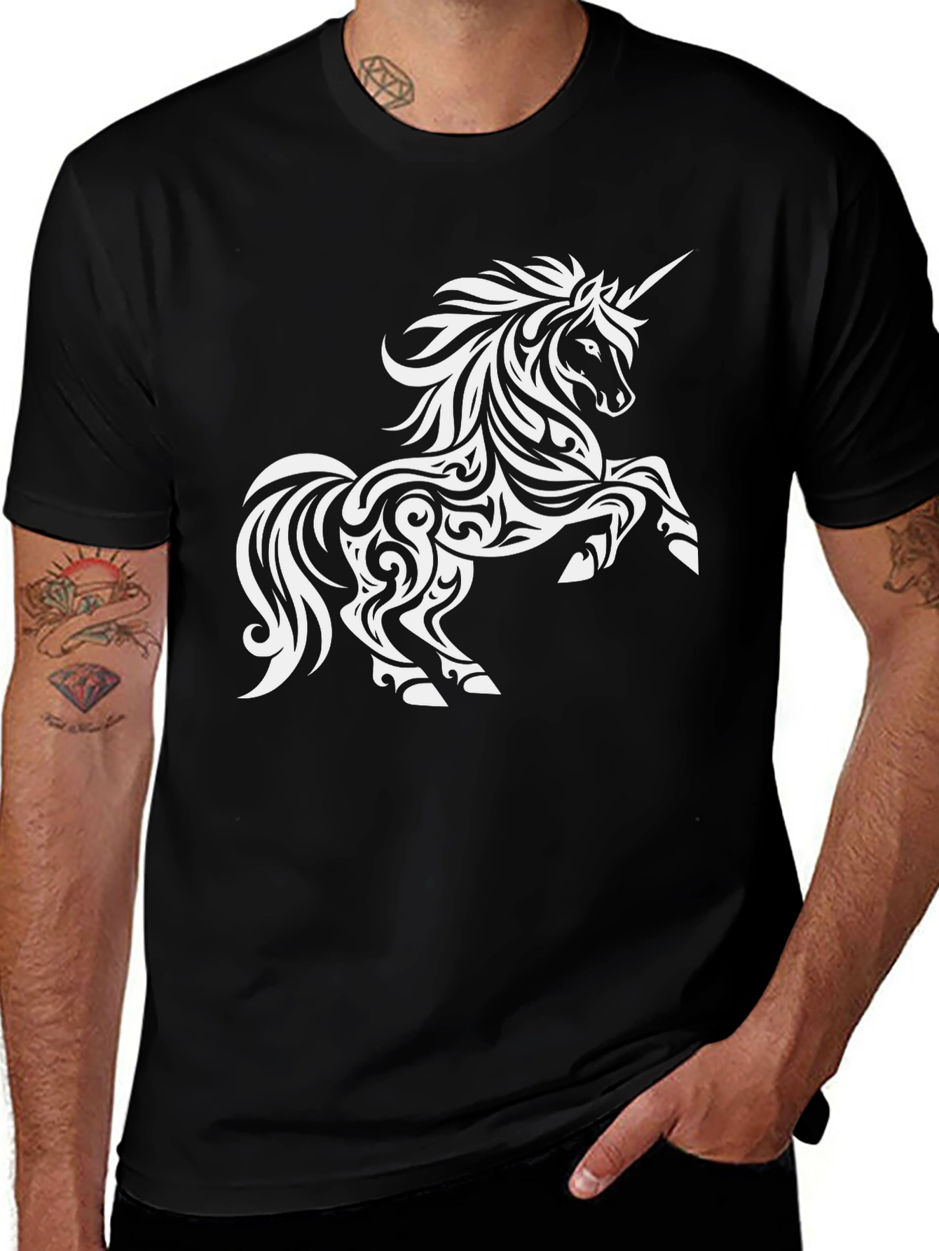 Variant 26 of Tribal Unicorn Graphic Tee - Black Cotton Casual Shirt