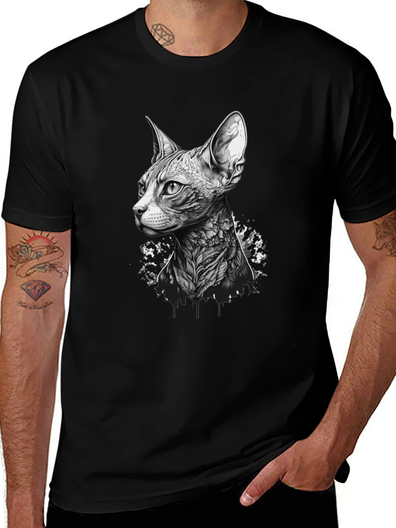 Black Sphynx Cat Tattoo Style Black T-Shirt main image