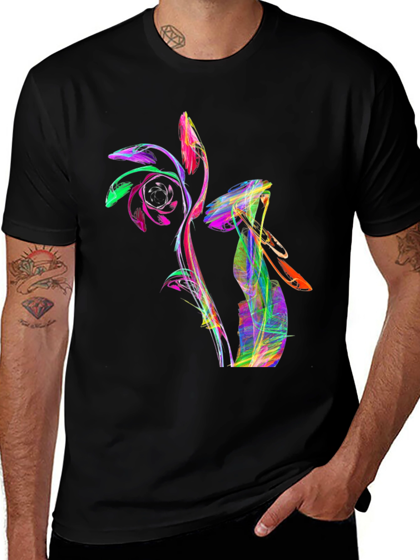 Variant 7 of Abstract Rose Graphic T-Shirt - Vivid Colors, Black Tee