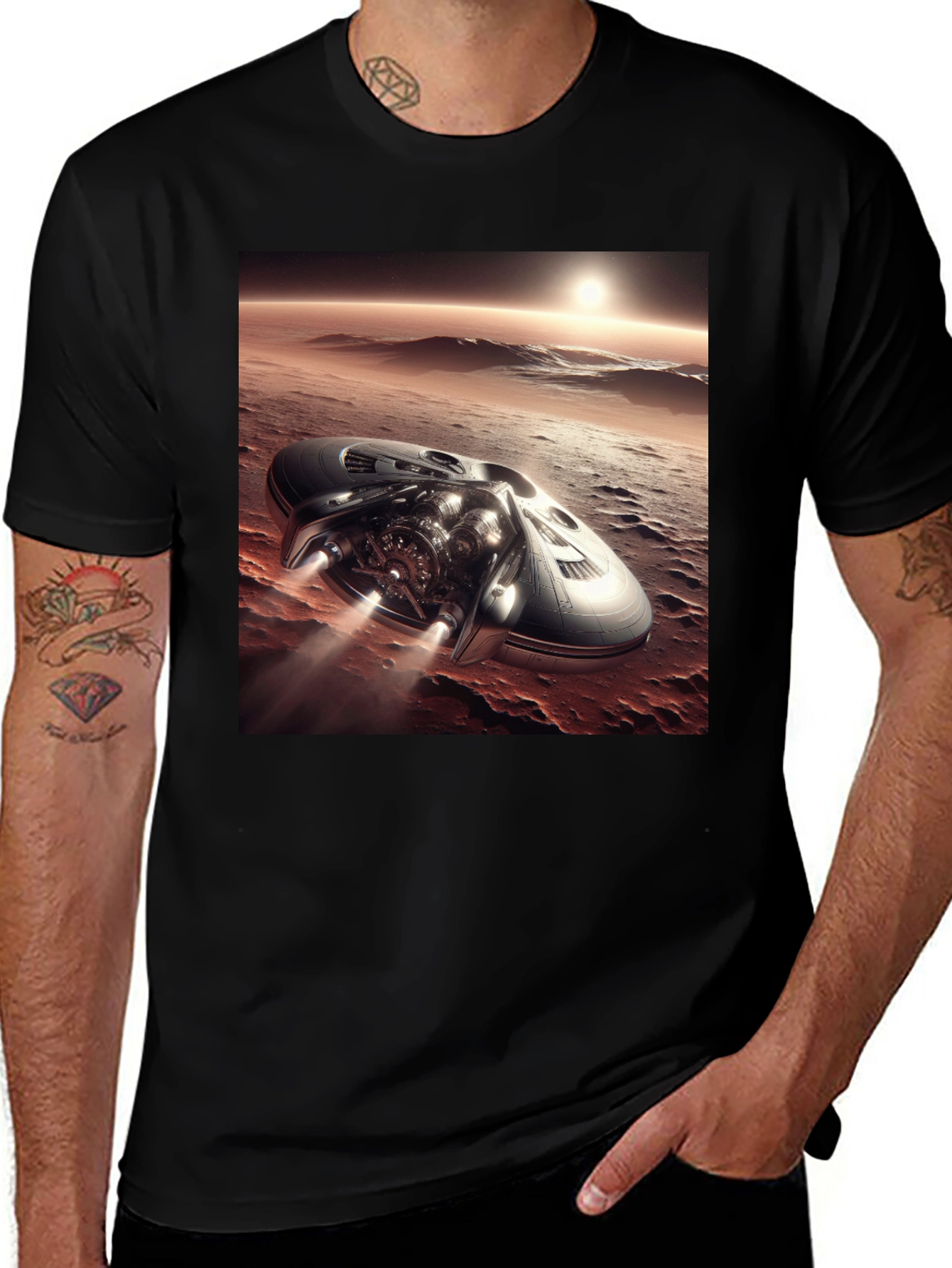 Variant 2 of Sci-Fi Spaceship T-Shirt - Black Graphic Tee