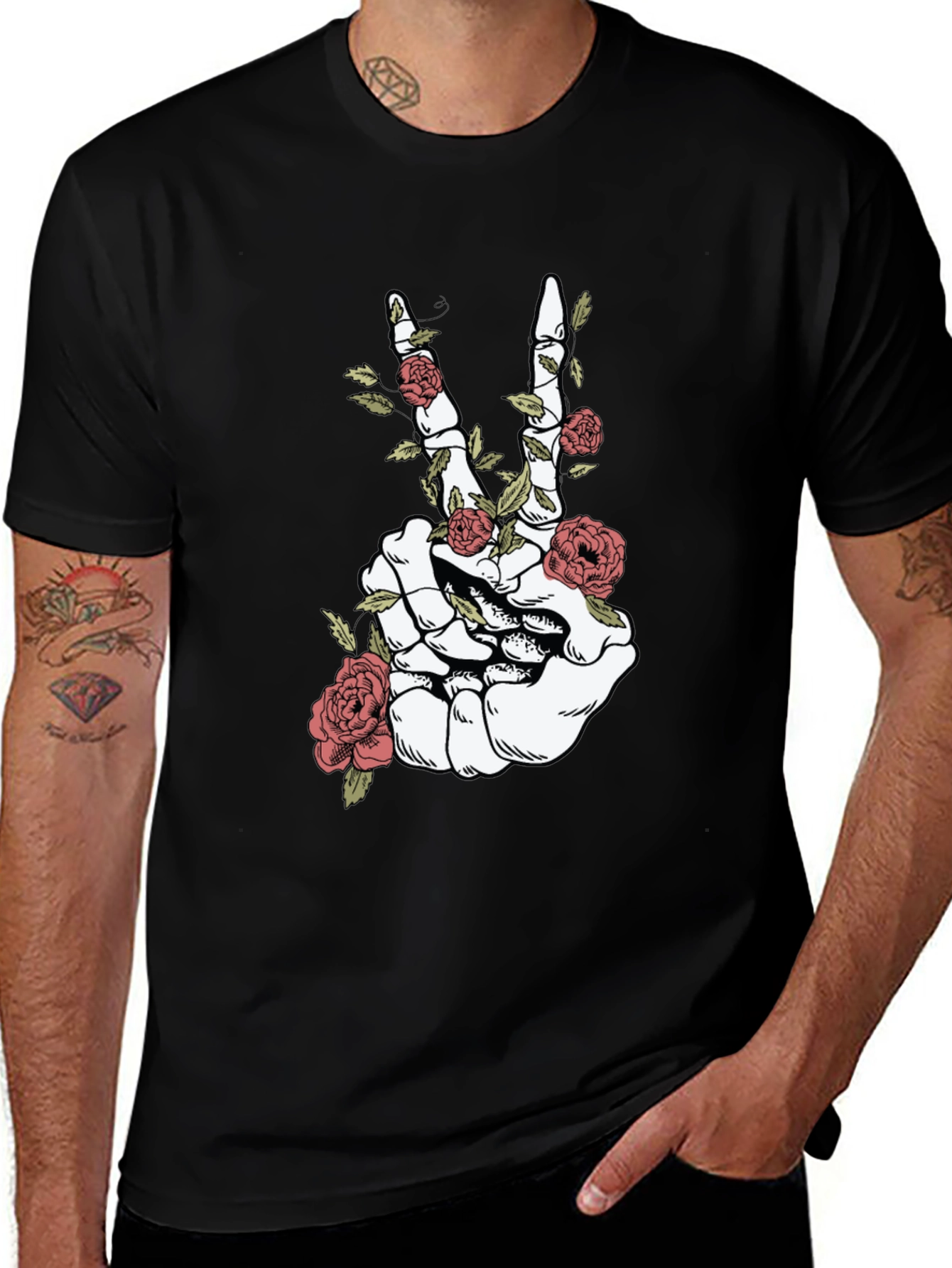 Variant 2 of Skeleton Hand Peace Sign Rose T-Shirt