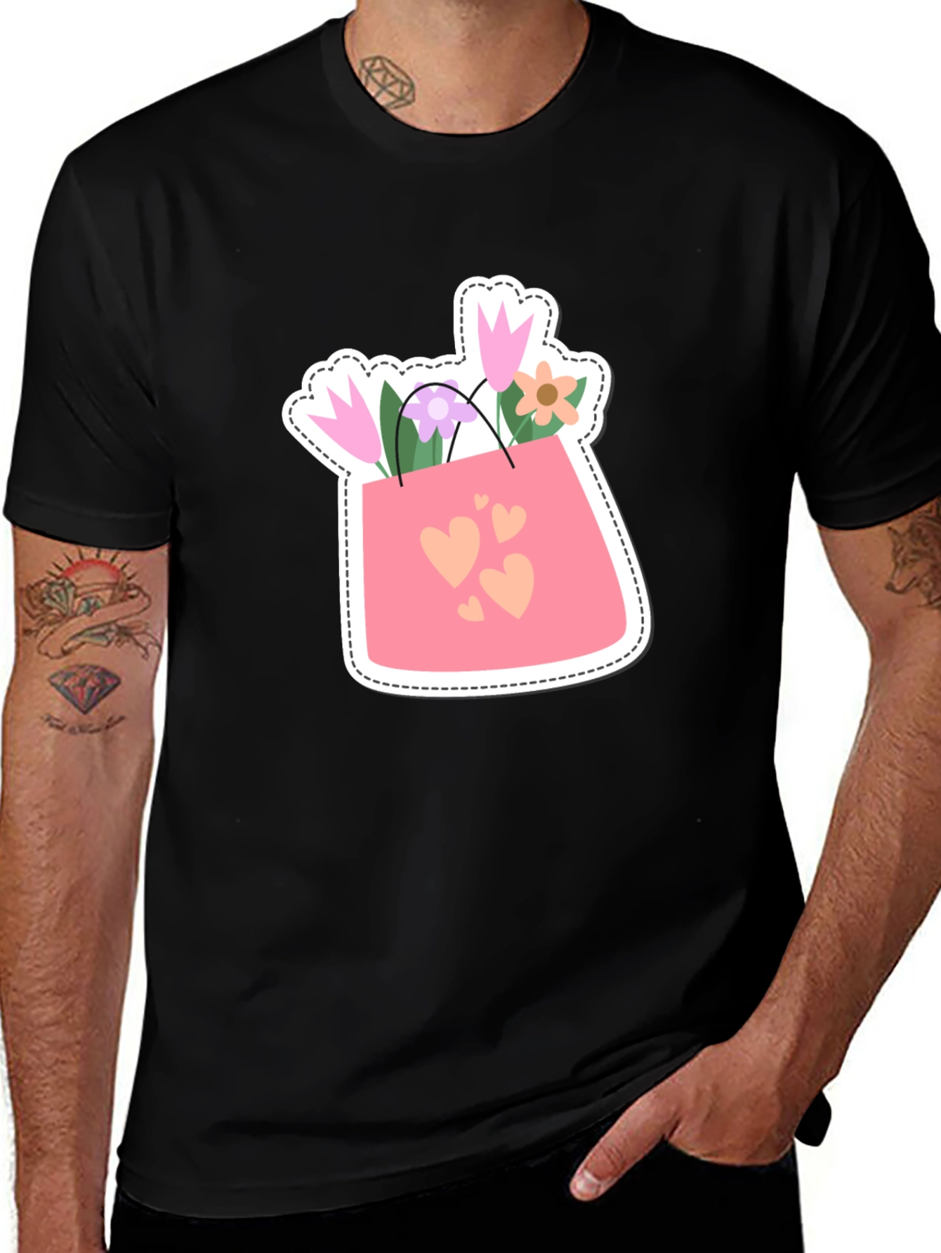 Variant 7 of Floral Hearts Graphic Tee - Black Casual Shirt