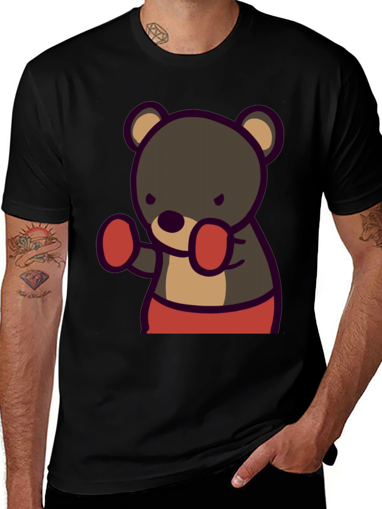 Variant 28 of Boxing Bear Graphic Tee - Black Cotton Casual
