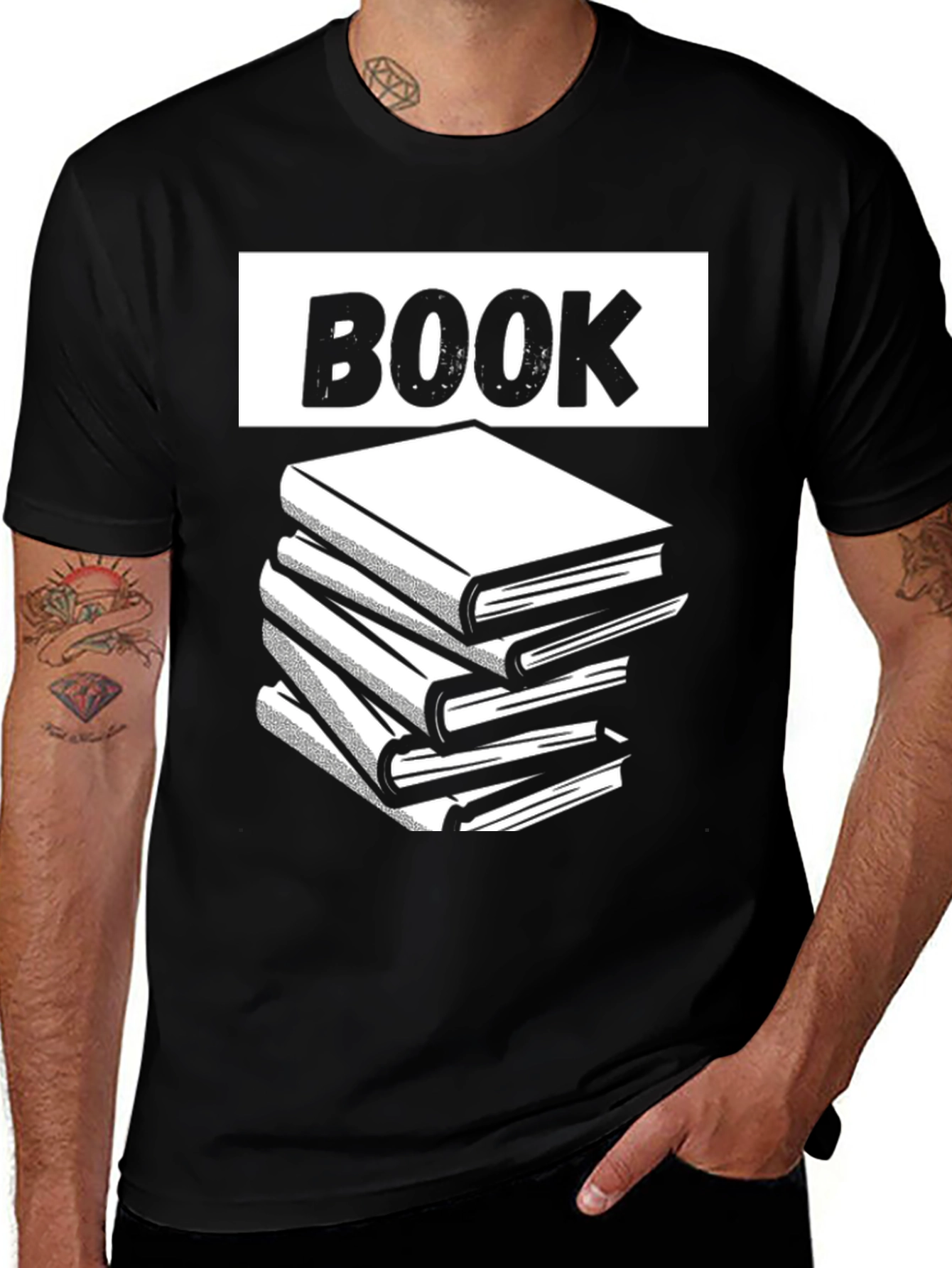 Variant 11 of Book Stack Graphic Tee - Black Cotton Novelty T-Shirt