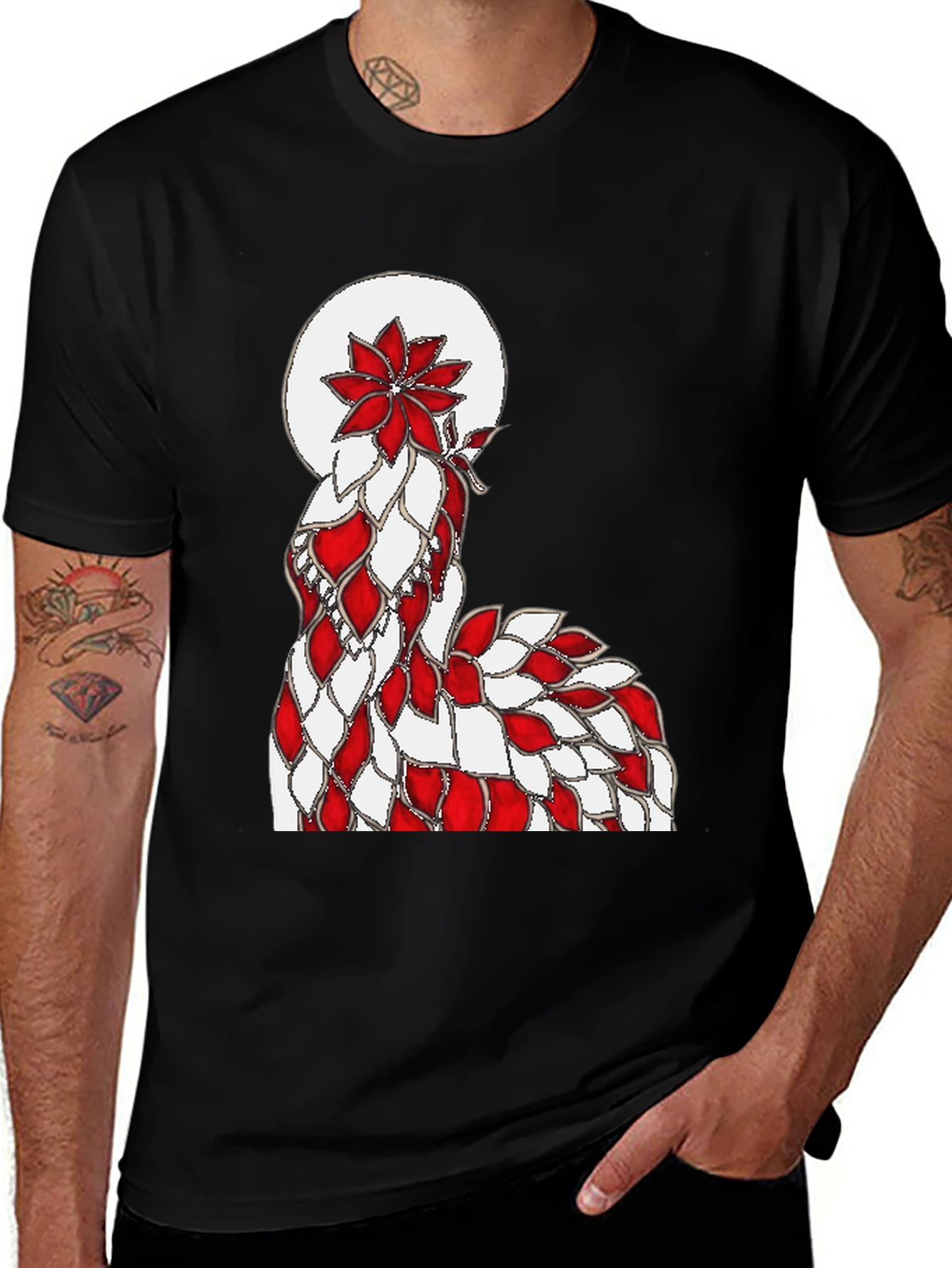 Variant 9 of Abstract Red & White Floral Design Black T-Shirt