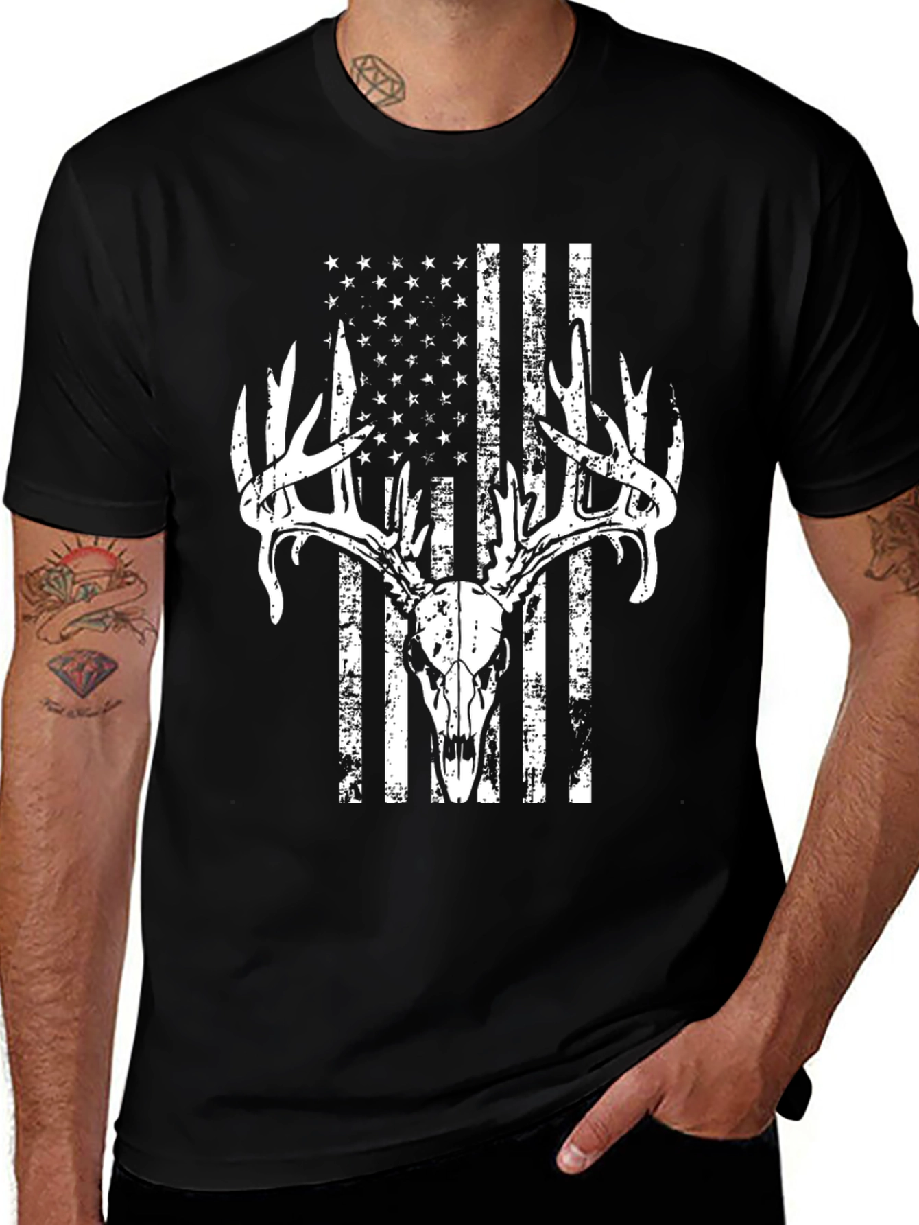 Variant 23 of American Flag Deer Skull Graphic Tee - Hunting Apparel