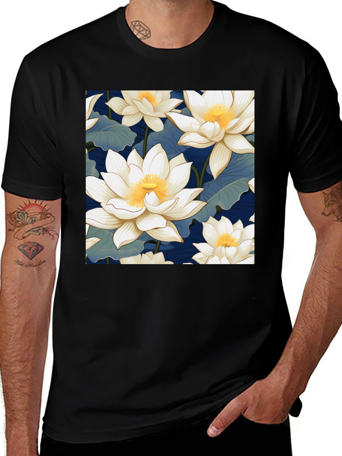 Variant 15 of Lotus Flower Print Black T-Shirt