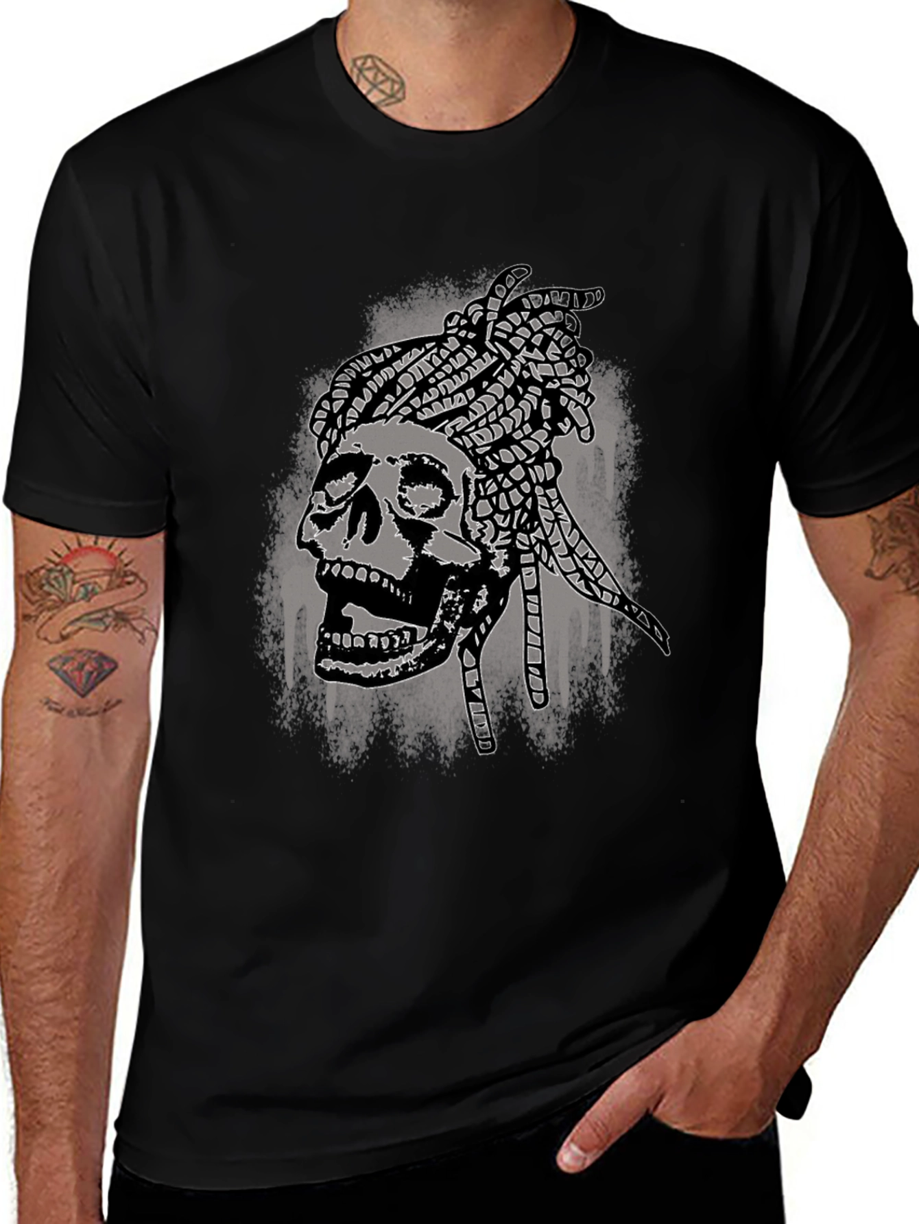 Variant 21 of Skull Dreadlocks Graphic Tee - Black Cotton T-Shirt