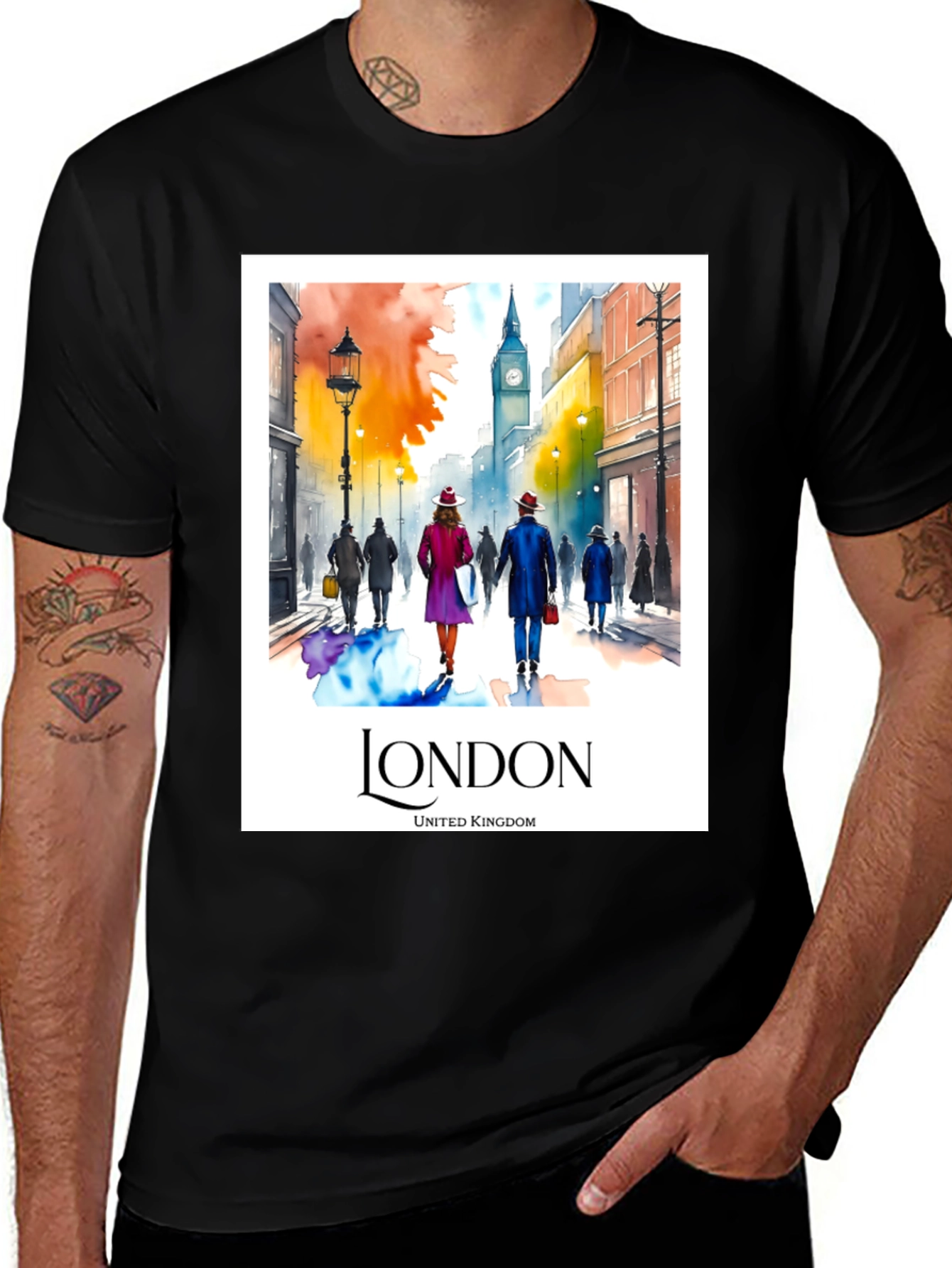 London UK Watercolor Graphic Tee - Black