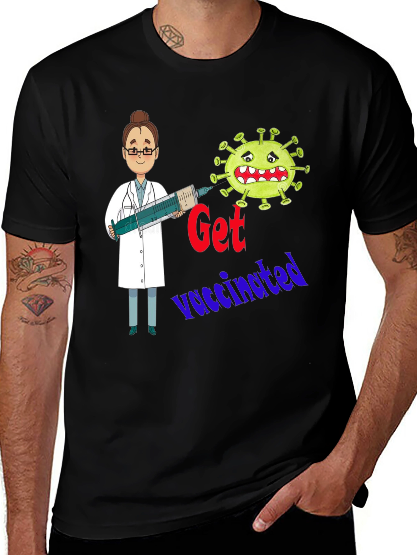 Variant 26 of Get Vaccinated T-Shirt, Cartoon Virus Design