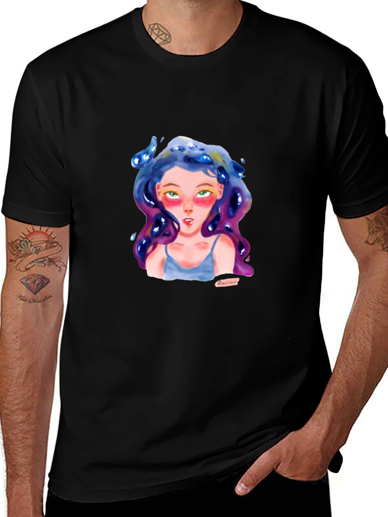 Variant 12 of Watercolor Girl Graphic Black Tee