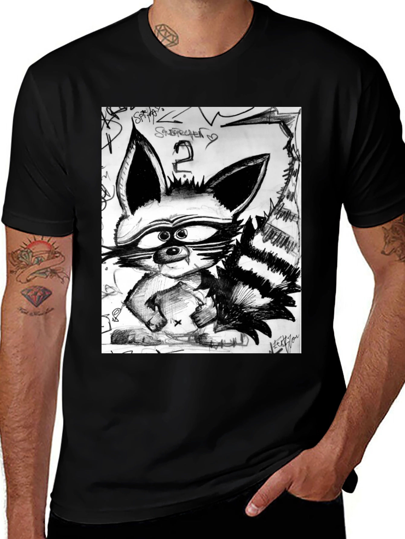 Variant 2 of Raccoon Sketch Graphic Tee - Urban Style Black T-Shirt